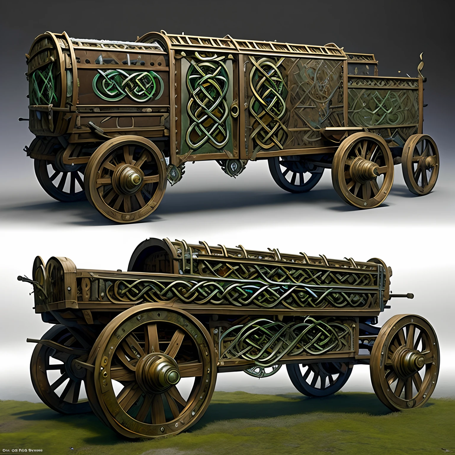 RPG model CeltPunkAI: an unusual carriage made of metal stands on the road ,Its wheels are visible , You can see the bolts of guns sticking out of the side doors of the carriage; , Front light