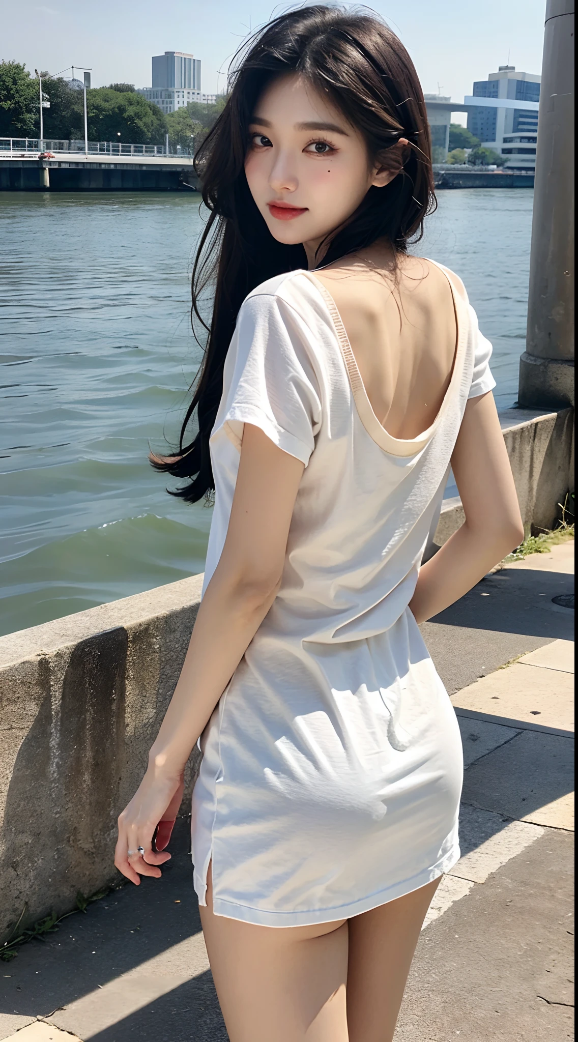 masterpiece、top-quality)、1 beutiful girl、Slim body、((Black and white plain clothes:1.1))、(Detailed beautiful eyes)、In the Han River、((Boyish Brown Medium Hair))、((Smaller face))、((Neutral face))、((Light brown eyes))、((Korean Girl))、((18year old))、((cool lady))、((Embarrassed expression))、((Korean Makeup))、((elongated and sharp eyes))、((Happy dating))、((boyish))、((She walking in front of her))、((looking distantly))、((shot from back))