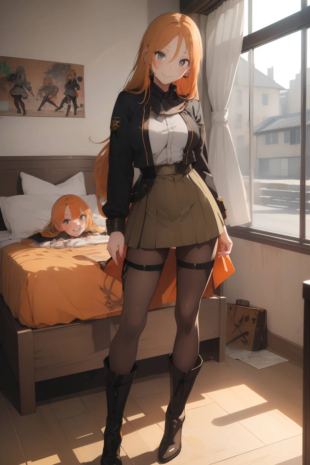(masterpiece、top-quality、top-quality、Beautifully Aesthetic:1.2)、ighly detailed、highestdetailed、grey eyes、orange color hair|Semi-long blonde hair、((military outfits))、(pantyhose)、(Mini skirt)、Matsumoto Rangiku、(boots)、graffiti art、Look at the viewer、A smile、Bedroom、on the beds