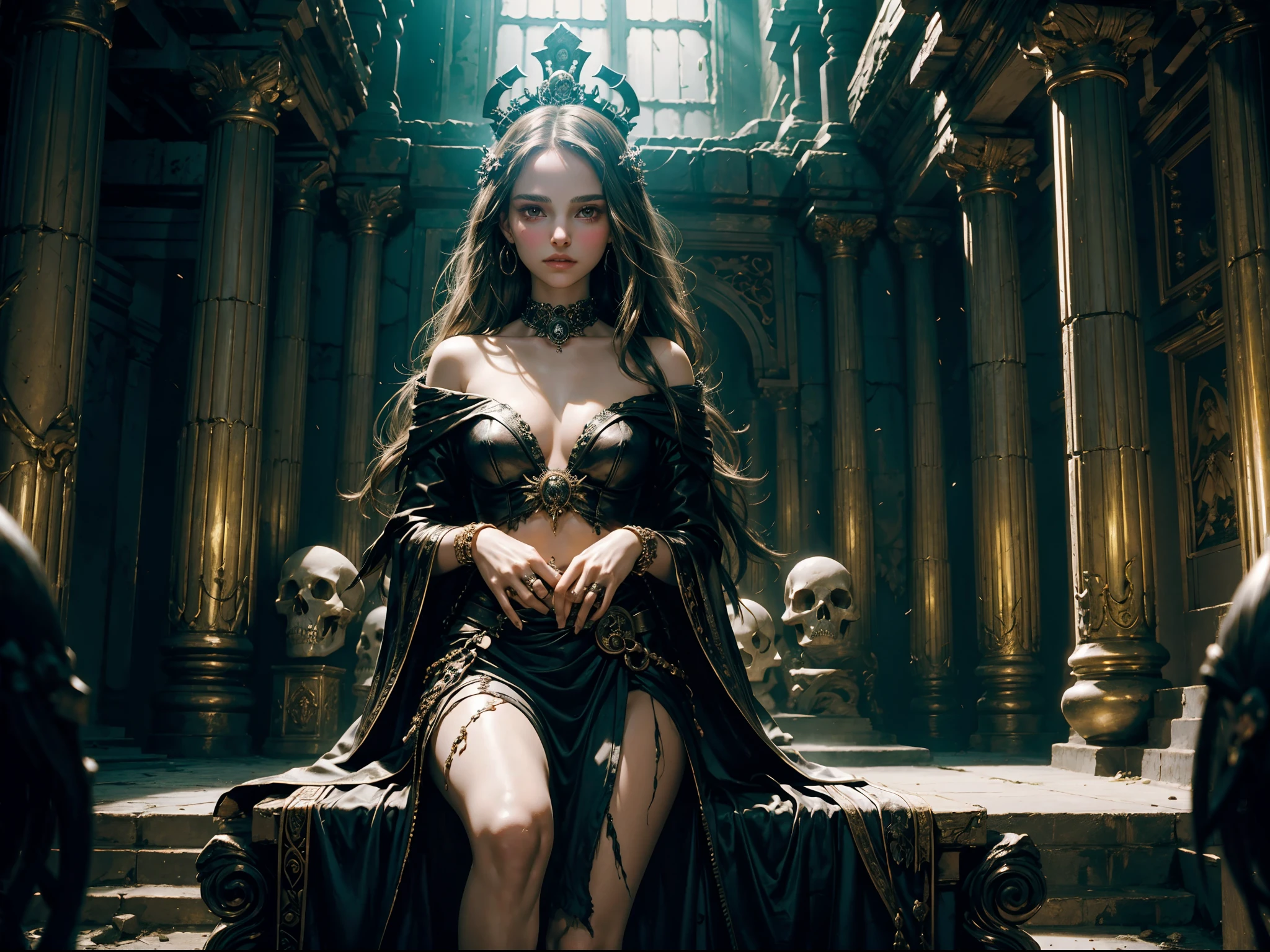 a Natalie Portman dressed emerges as a captivating figure amidst the Dark Temple. her physical appearance tells a story of tragic transformation and decay, evoking both fascination and a sense of unease. the teennecromancer girl's once-youthful countenance is marred by the relentless grip of decay. skulls. totems. voodoo magic. sitting on her throne.