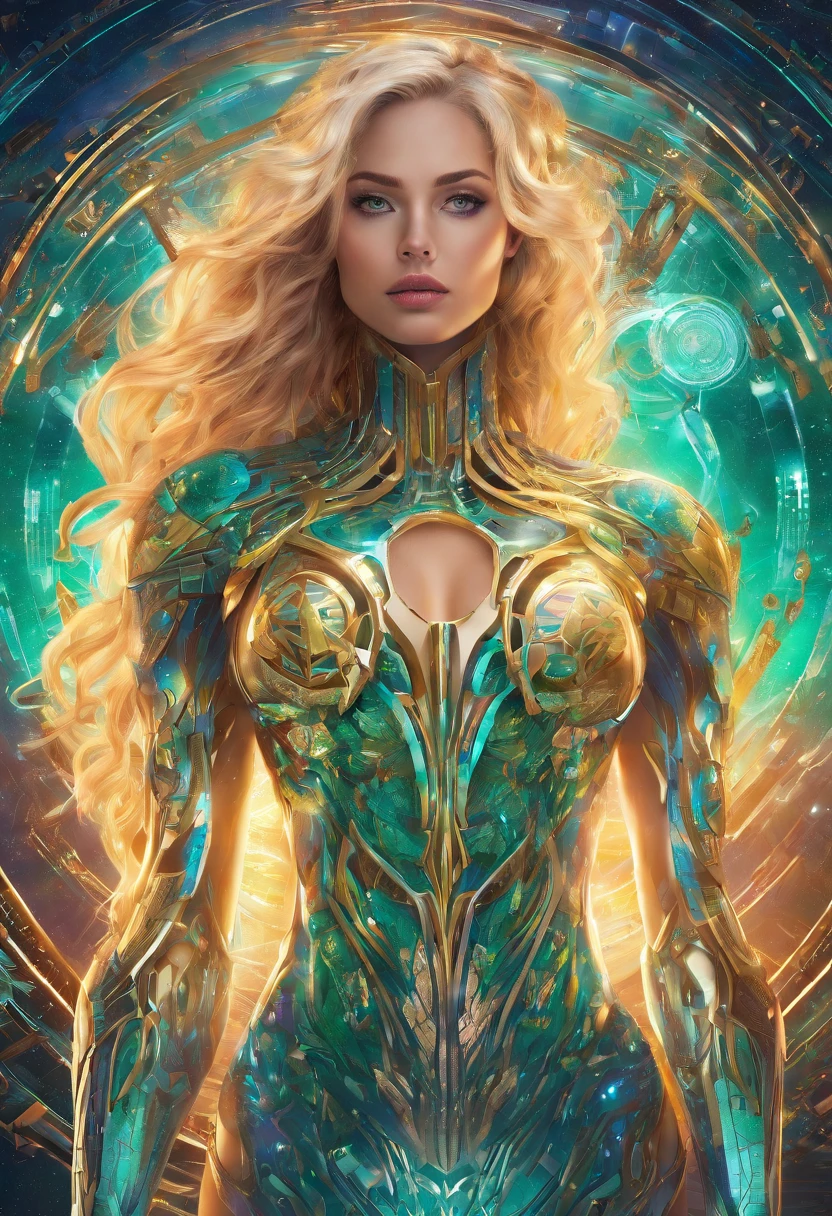 (RAW Photo, best quality), (Hyper Realistic),16k,(realistic, photo-realistic:1.5), Masterpiece,ultra high res, Stunning, Beautiful Milf Latin Brazilian Woman Goddess of Multiverse, Impossing Pose, Athletic Body, Suntan Skin, Wearing Egyptian Jewels Futuristic Cut Armor and Cloak with Intricate Isometric Fluid Galaxy Bioluminescence Effects, symmetrical, with Galaxies orbiting her body, perfect detailed face, detailed symmetric circular Green iris pupils, ((Gorgeous Long Blonde Fluid Hair)), Realistic, intricately detailed, cinematic, Isometric, awesome full color, gritty, mucha, klimt, 16k, hight definition, cinematic, neoprene, behance contest winner, portrait featured on unsplash, smooth, ultra high definition, ultra sharp focus, intricate artwork masterpiece, ominous, epic, TanvirTamim, trending on artstation, highly detailed, vibrant