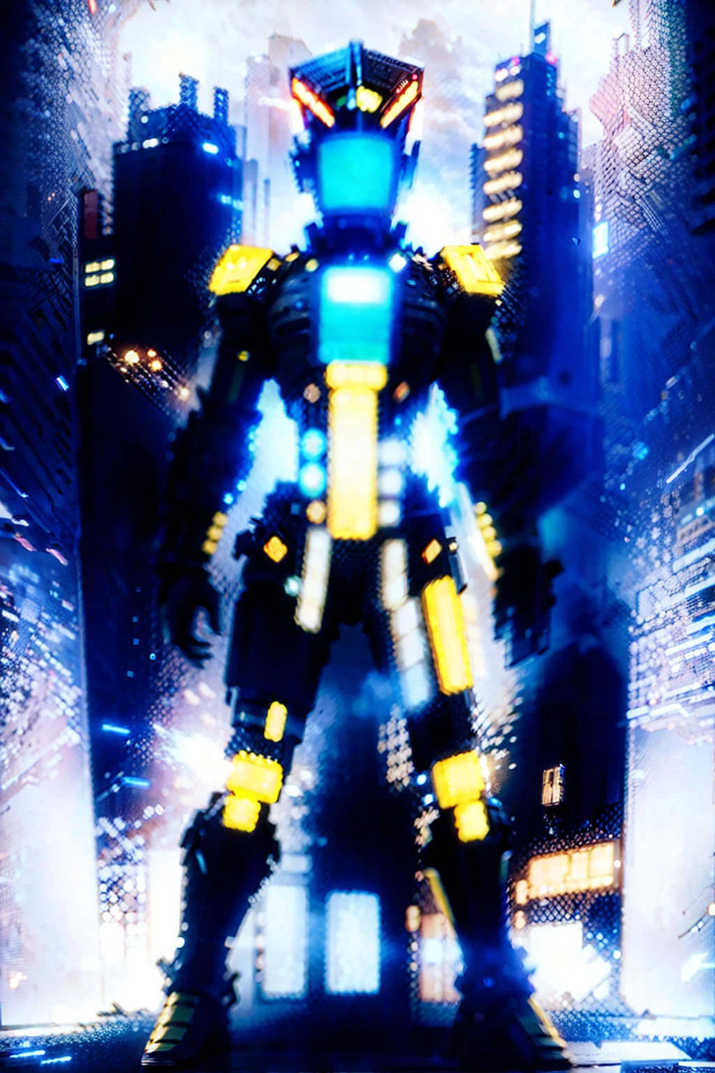 Full shot photorealistic image of Scarecrow, a Navistar with cybernetic enhancements, standing in a futuristic cityscape. The computer interface displays holographic projections of Scarecrow's arsenal, highlighting the intricate details of their weapons. The blend of Scarecrow's beastly appearance and the advanced technology creates a visually captivating scene. The image is rendered in high definition with the Octane render engine, ensuring stunning realism, --ar 9:16