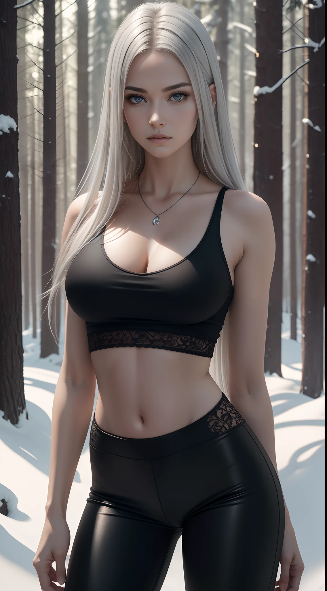 Photorealistic Image of Gorgeous British Female Model with Proportional Body, Long Straight Silver Hair, Pale Skin, Serious Face, Deep Cleavage, Black V-Neck Tank-Top and Black Tight Pants, Pine Forest in Snow, Centered, From Above Shot, Insane Details, Intricate Face Detail, Intricate Hand Details, Cinematic Shot and Lighting, Realistic Colors, Masterpiece, Sharp Focus, Ultra Detailed, Taken with DSLR camera, Realistic Photography, Depth of Field, Incredibly Realistic Environment and Scene, Master Composition and Cinematography