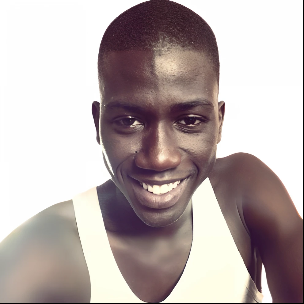 Smiling man in white tank top holding a mobile phone to his ear, Brown-skinned man with a giant smile, Atout Akech, The man has black skin, Édouard Buba, clean shaven face, Godwin Akpan, "white background"!!!, Areas of Adebanji, Andy Worhol, Digital Art - W 640, Giga Tchad