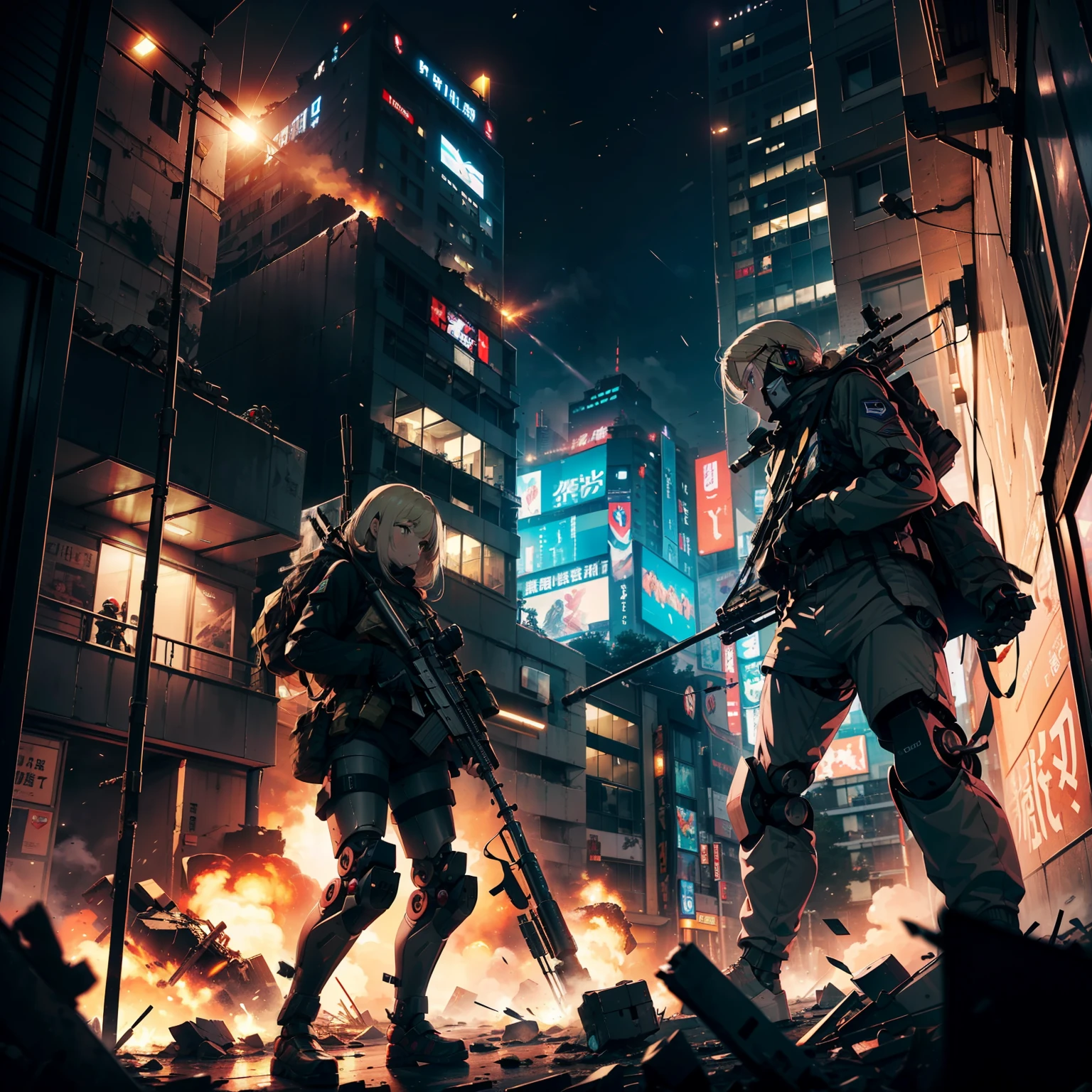 (Anti-tank rifles),(Destroy military robots with sniping:1.4)、(1 Girl Soldier)、(Black combat uniform)、(platinum-blonde-hair:1.2)、Have multiple weapons、rubble、((超A high resolution))、Detail Write、masterpiece、top-quality、extremely details CG、8K picture quality、Cinematographic lighting、lensflare、(Night combat)、((Shinjuku at night where special forces fight))、Sniping from inside the building、Hyper-detailing、The wreckage of military robots、cowboy shot:1.4