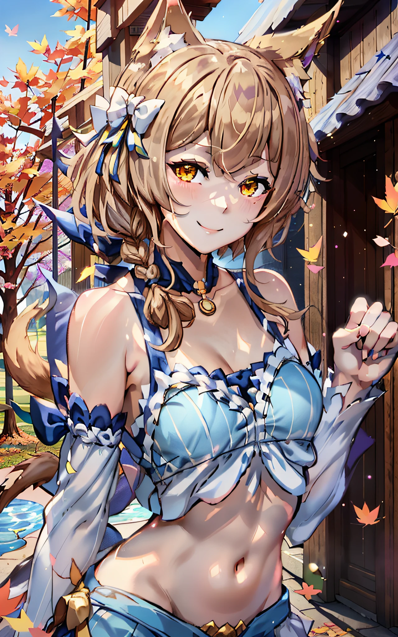 (Felix Argyle Re:Zero kara Hajimeru Isekai Seikatsu):1.3), ((yellow eyes, detailed eyes, brown hair, braid, long braid, white details on bangs, smile), (( crop top, midriff, )), (((Autumn scenery))), outdoors, (france medieval, fantasy), ((illustration)), (mature male, feminine male, femboy), (((masterpiece))), (realistic:0.7), best quality,femboy, otoko no ko, feminine male, 1woman, solo, mature otoko no ko, ((flat chest)),  16k, UHD, max quality, Max Resolution, ultra realistic, ((ultra detalhado):1), ((perfect_hands, perfect_fingers))