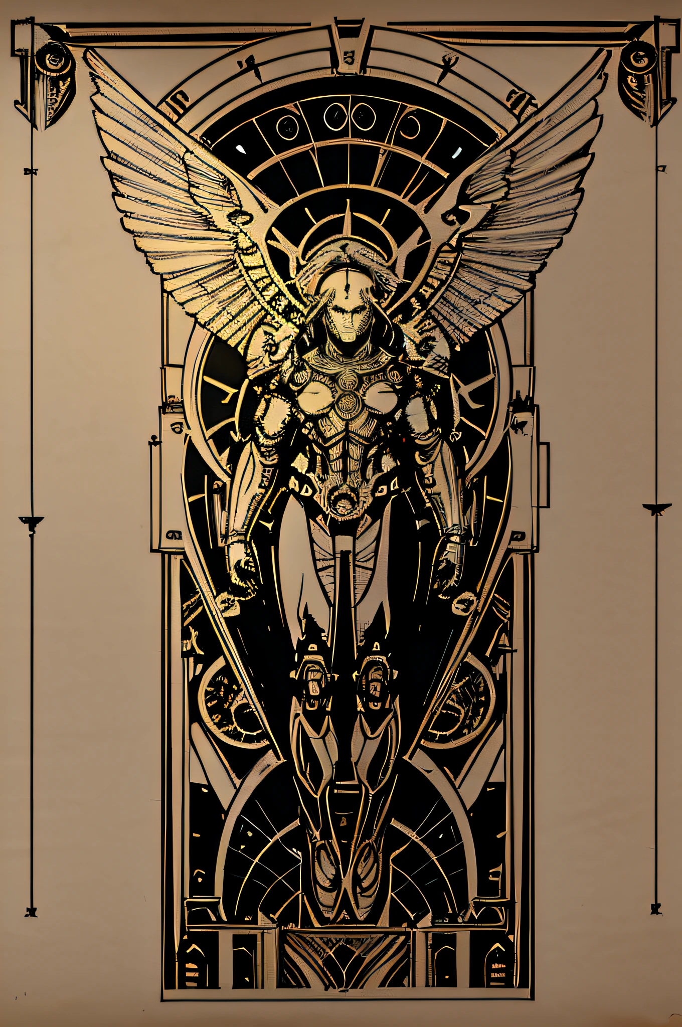 poster of a mechanical steampunk angel with large wings, technical Schematics viewed from front view full body pose on light white blueprint paper, Illustration drafting style, illustration, conceptual art, steampunk, cinematic, Leonardo da vinci Style, vitruvian man pose
