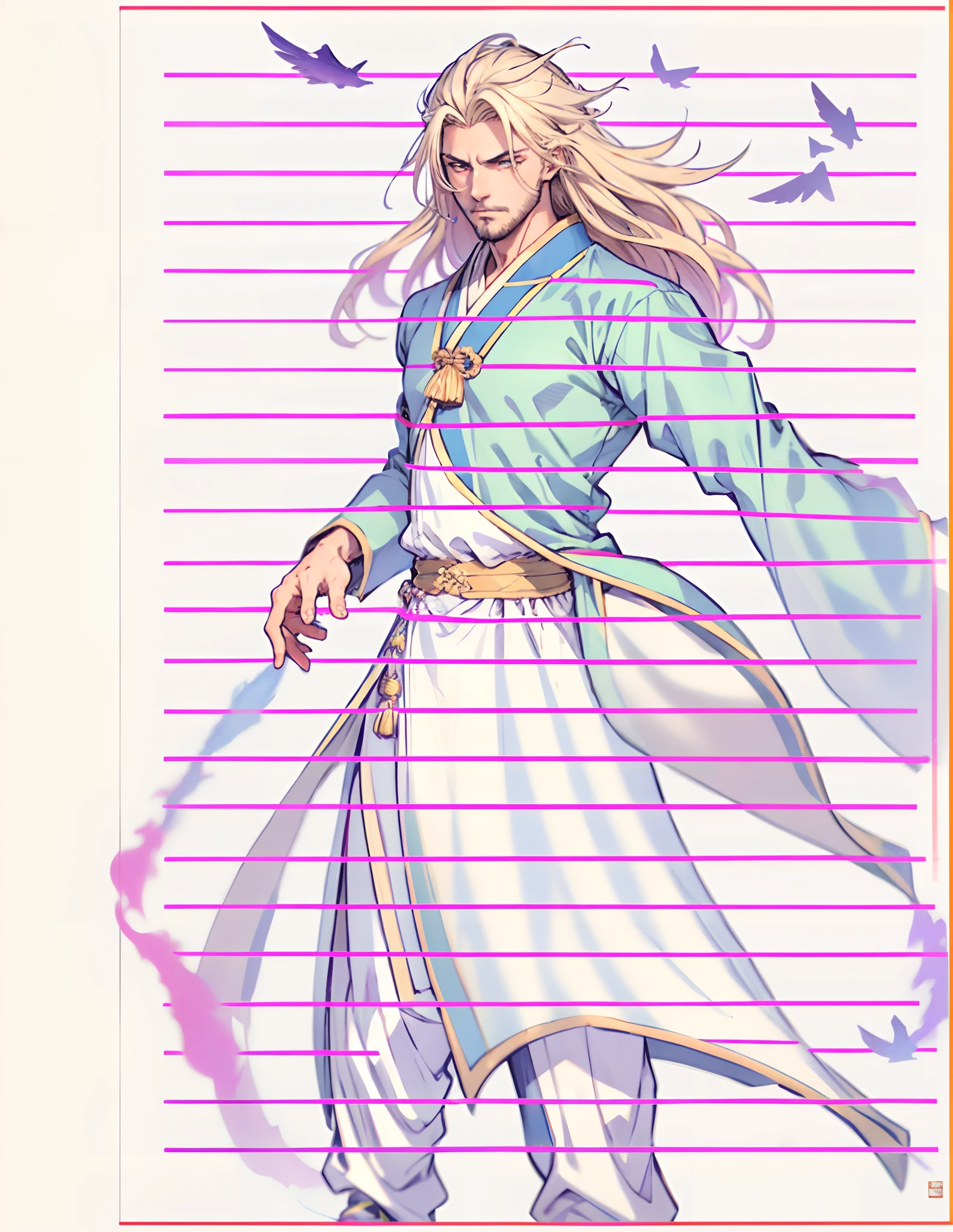 A man with disheveled long hair, a cascade of unruly locks, a handsome countenance, a carefree expression, tall and slender, wears a light-colored Chinese-style undershirt, over which he layers a loose dark-colored long daoist robe, long and wide sleeves, wears dark pants, surrounded by colorful clouds and mist, stands amidst a colorful sea of clouds and mist, this character embodies a finely crafted fantasy-style Chinese martial artist character in anime style, characterized by an exquisite and mature manga illustration art style, high definition, best quality, highres, ultra-detailed, ultra-fine painting, extremely delicate, professional, anatomically correct, symmetrical face, extremely detailed eyes and face, high quality eyes, creativity, RAW photo, UHD, 8k, Natural light, cinematic lighting, masterpiece:1.5