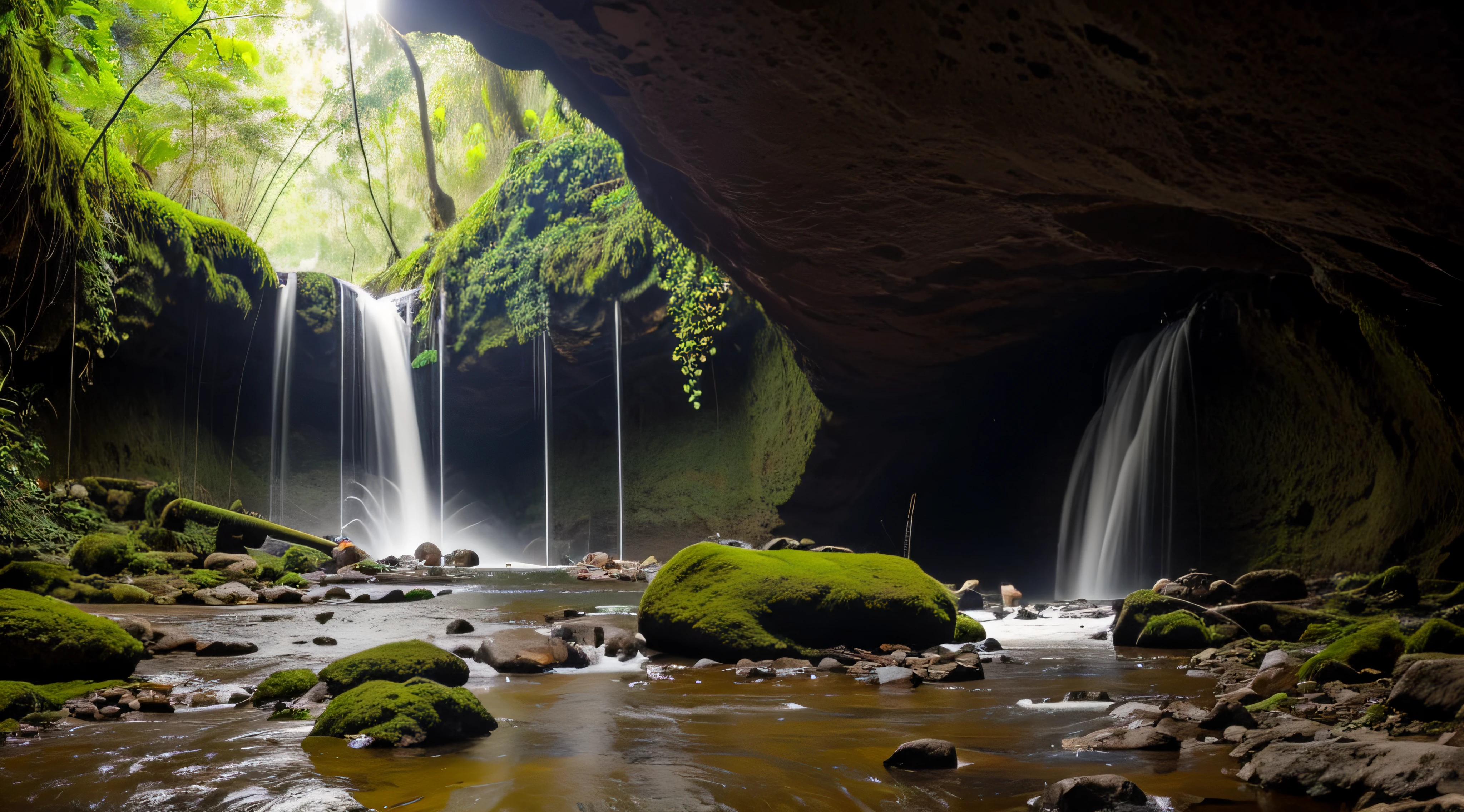 cachoeira dentro de uma caverna em uma floresta tropical
