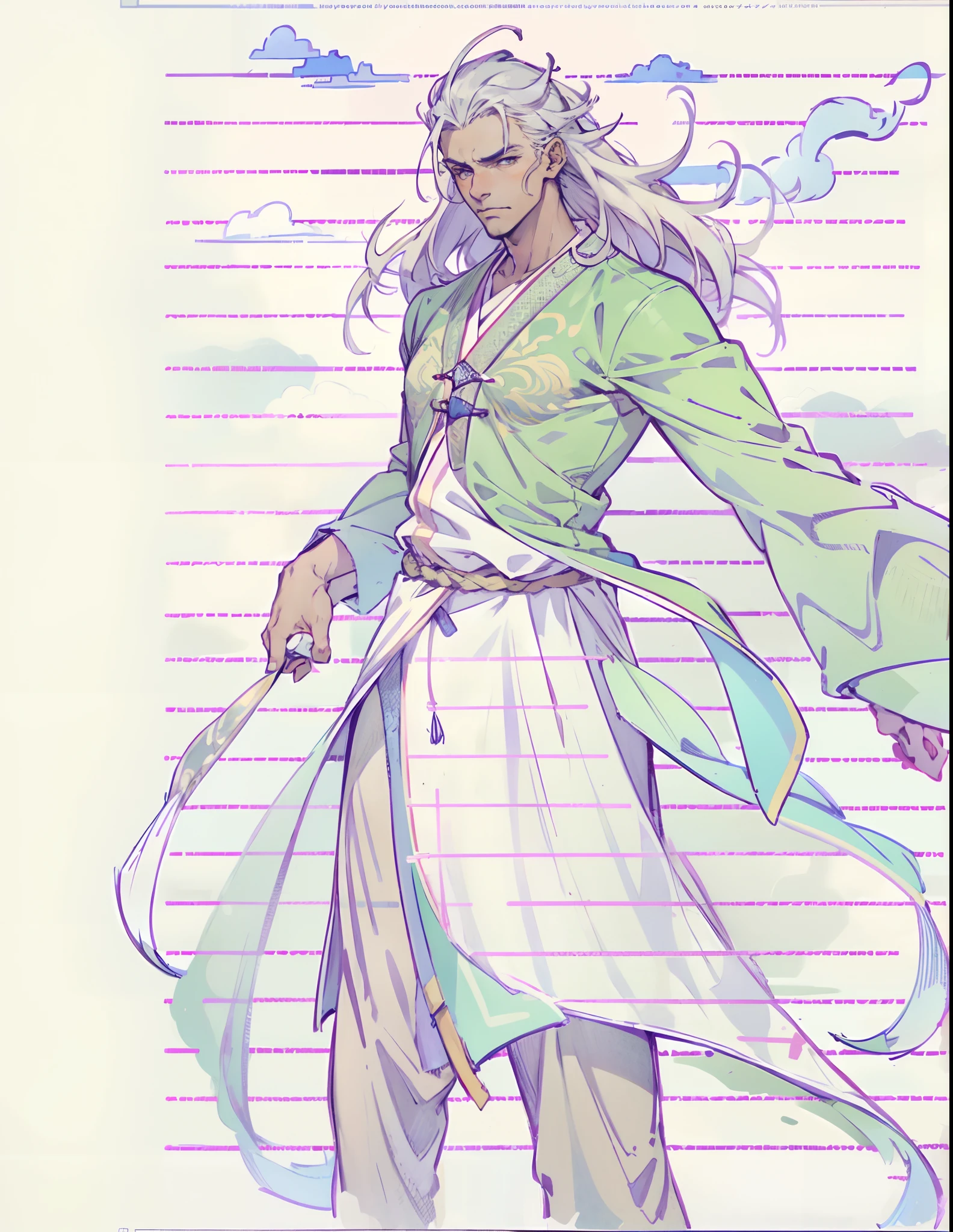 A man with disheveled long hair, a cascade of unruly locks, a handsome countenance, a carefree expression, tall and slender, wears a light-colored Chinese-style undershirt, over which he layers a loose dark-colored long daoist robe, long and wide sleeves, wears dark pants, surrounded by colorful clouds and mist, stands amidst a colorful sea of clouds and mist, this character embodies a finely crafted fantasy-style Chinese martial artist character in anime style, characterized by an exquisite and mature manga illustration art style, high definition, best quality, highres, ultra-detailed, ultra-fine painting, extremely delicate, professional, anatomically correct, symmetrical face, extremely detailed eyes and face, high quality eyes, creativity, RAW photo, UHD, 8k, Natural light, cinematic lighting, masterpiece:1.5