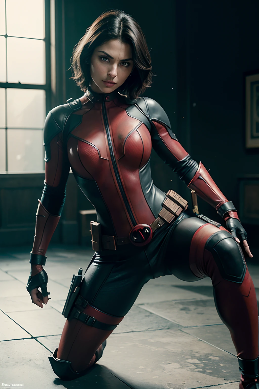 Morena Baccarin as Deadpool, in sexy Deadpool armor, armed with Katana blades, (dynamic pose), (hyper realistic:1.4), (realistic:1.3), (best quality real texture skin), full body, (Cinematic Light), highly detailed skin, skin pores, (highly detailed face:1.1), (highly detailed eyes:1.1), realistic pupils, (perfect anatomy:1.1), (perfect proportions:1.1), (photography:1.1), (photorealistic:1.1), volumetric lighting, dynamic lighting, real shadows, (highres:1.1), sharp focus, daylight, (realistic, hyperrealistic:1.4), intricate, high detail, dramatic, subsurface scattering, big depth of field, vivid, polished, sharpened, ((full Sharp)), (extremely absurdres),8k hdr