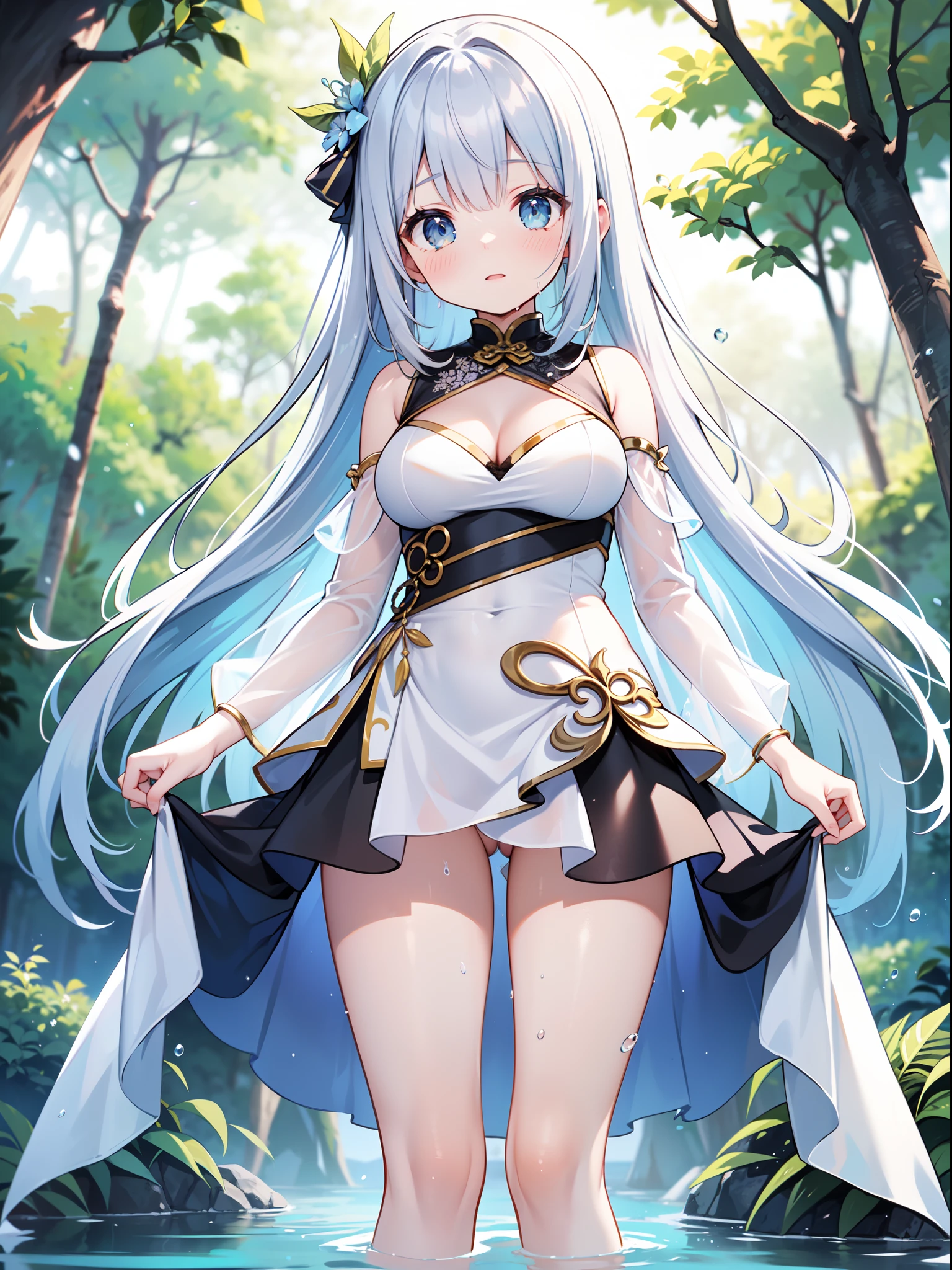 (top-quality)、((ultra-detailliert))、(Super delicate)、Little Goddess Bathing、silber hair、Crims、Small area sheer white lace cheongsam、Shoulders exposed、Large breasts、Cleavage emphasis、Thigh exposure、Springs in the forest、Wet and see-through、Composition looking up from below、mystical、Deities々Right