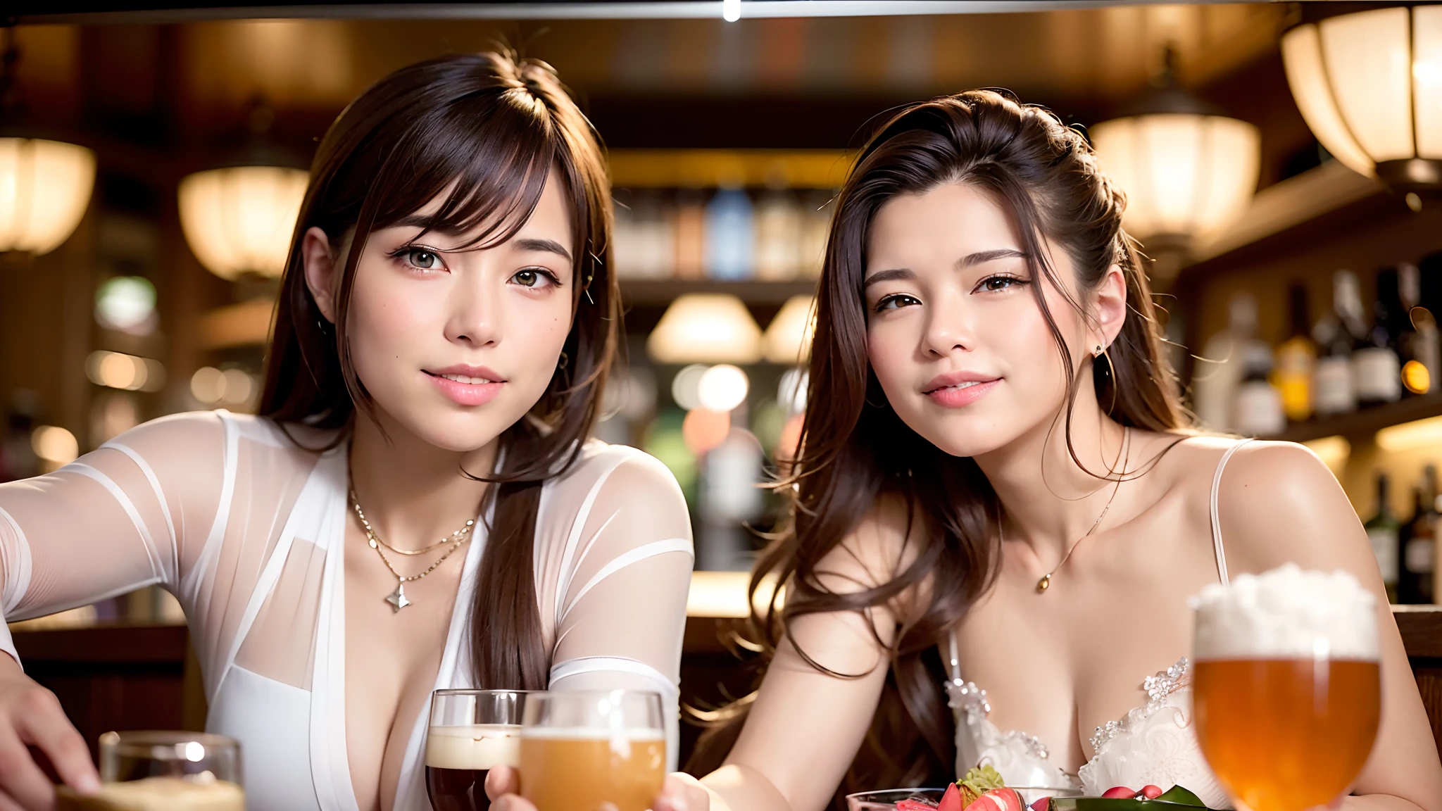 high-level image quality、Women and men、cheers、selphie、Beautuful Women、bar、alcohol、a smile、asian human、brown haired