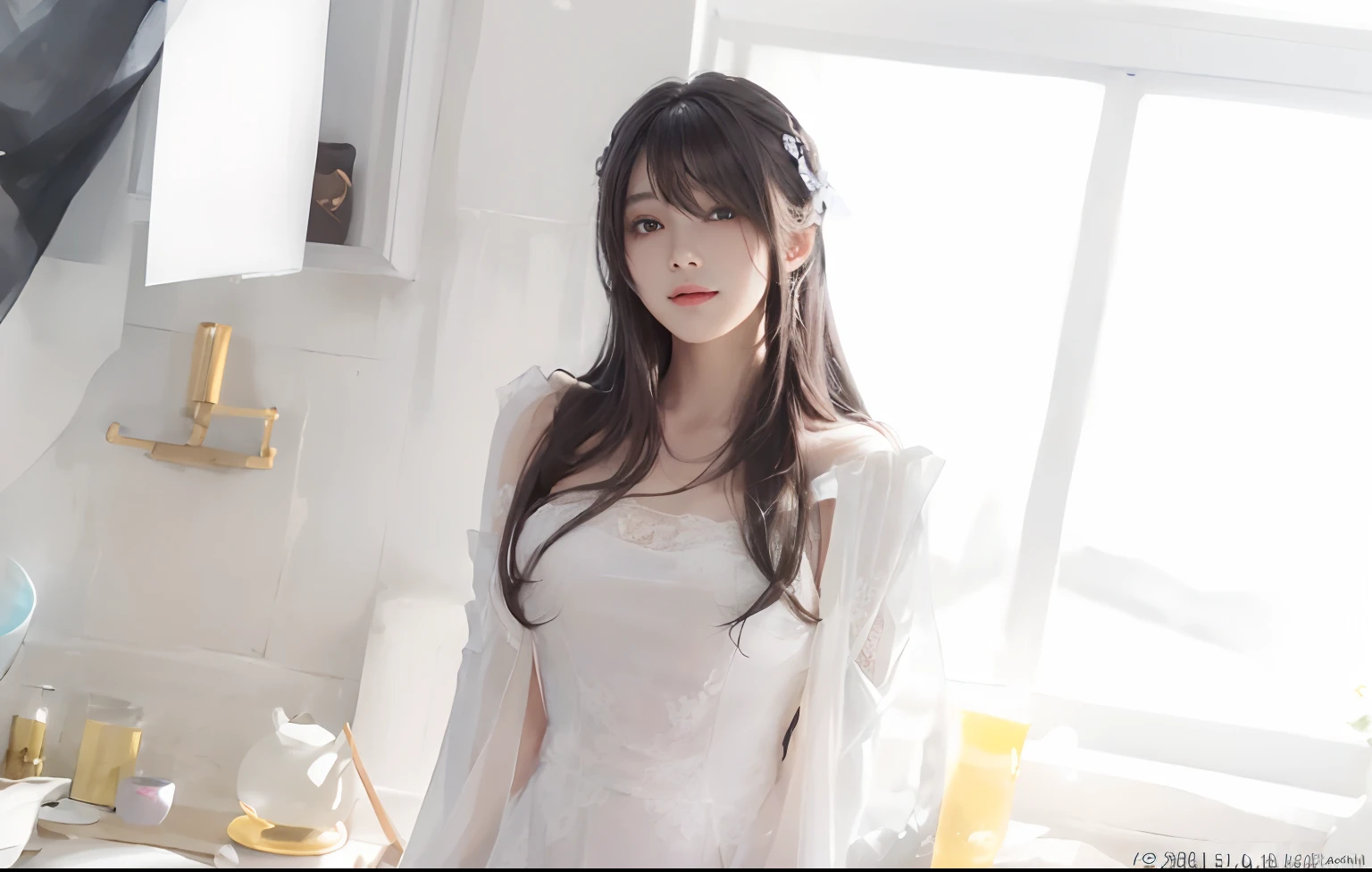 (A hyper-realistic)、(illustratio)、(hight resolution)、(8K)、(ighly detailed)、(Best Illustration)、(beautifully detailed eyes)、(top-quality)、(ultra-detailliert)、(masterpiece)、(wall-paper)、(A detailed face)、独奏、1 girl in、looking at viewert、fine detailed、A detailed face、in the darkness nigth、deep-shadows、lowkey、pureerosfaceace_v1、A smile、long、Black shawl straight hair、46-point diagonal bangs, (silk dresses、long skirt)(off shoulders)View of the castle、、Stand against the wall