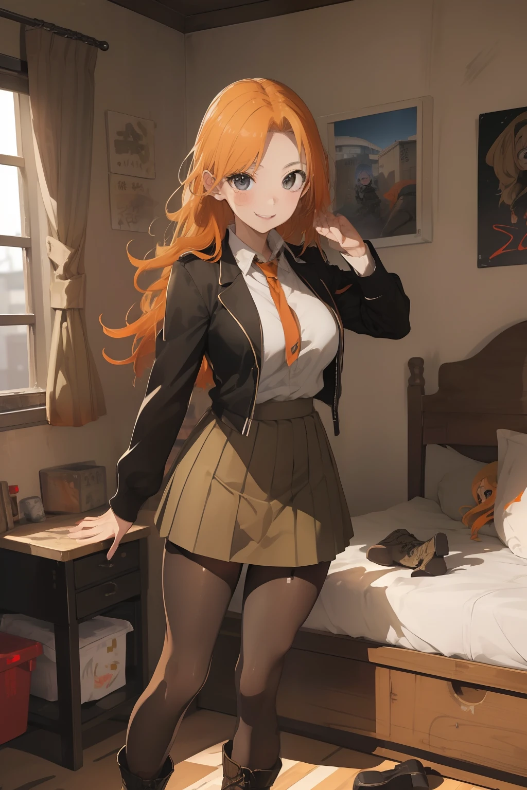 (masterpiece、top-quality、top-quality、Beautifully Aesthetic:1.2)、ighly detailed、highestdetailed、grey eyes、orange color hair|Semi-long blonde hair、((military outfits))、(pantyhose)、(Mini skirt)、Matsumoto Rangiku、(boots)、graffiti art、Look at the viewer、A smile、Bedroom、on the beds