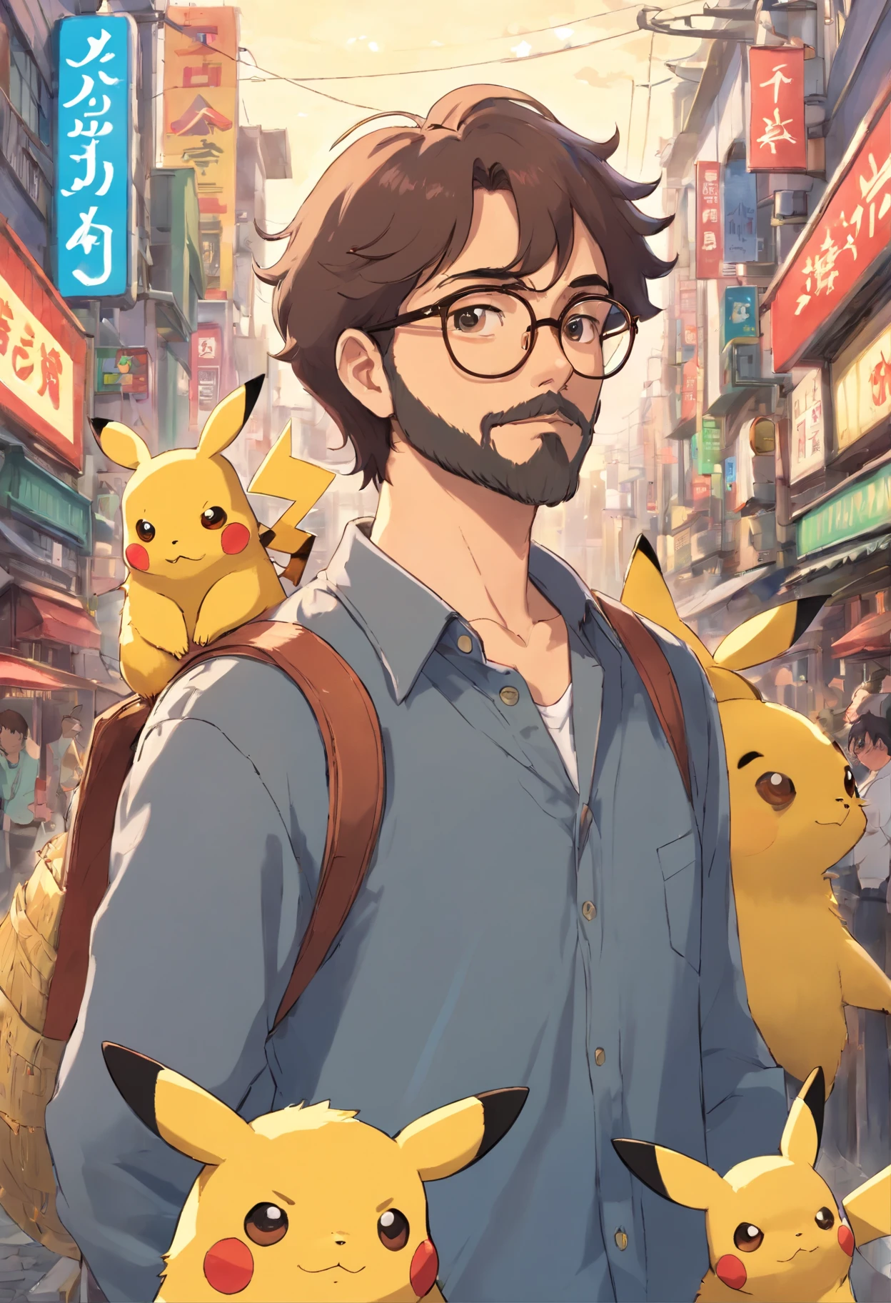 Homem de cor morena, of glasses and beard, with pikachu on his shoulder in the middle of Tokyo