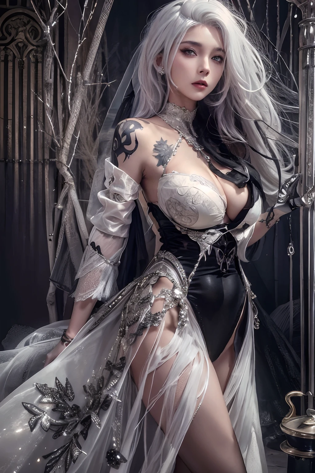 Photorealistic, High resolution, 1womanl, Solo, hips up high, look at viewr, White hair, Long hair, large full breasts,Dress, (2b Black:1), Black Dress,wedding dress, Jewelry, The tattoo