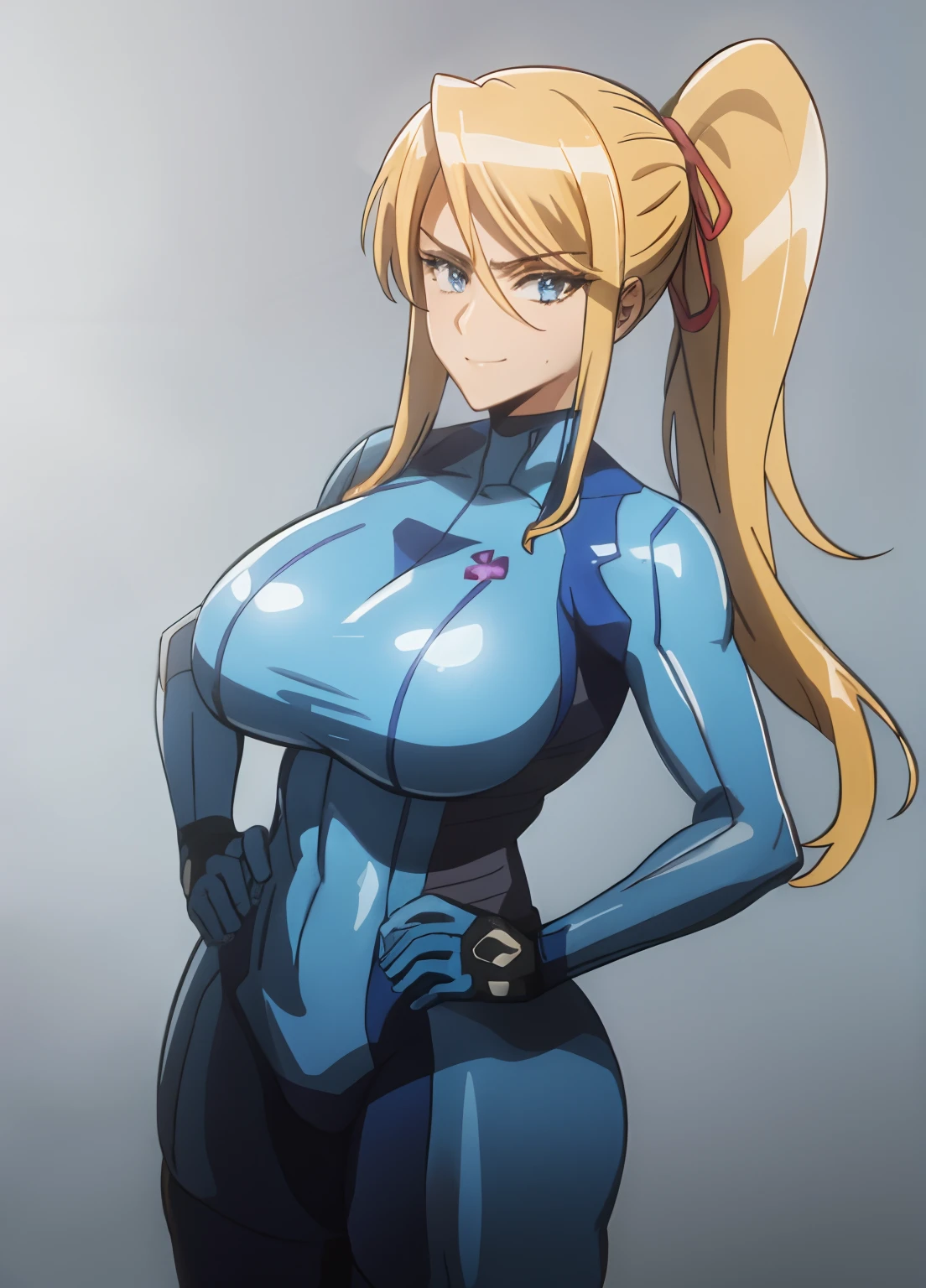 samus aran, ponytail, hair tie, blue gloves, ((blue bodysuit)), high heels (masterpiece, best quality:1.4), (modern days), (cowboy shot), 1girl, solo, pov, stunning girlfriend, (standing:1.1), dynamic pose, heart shaped face, elegant face, beautiful face, highly detailed face, highly detailed skin,   huge breast, smug smile, looking at viewer,16k hdr,hands on hips, curvy, hands under breasts,