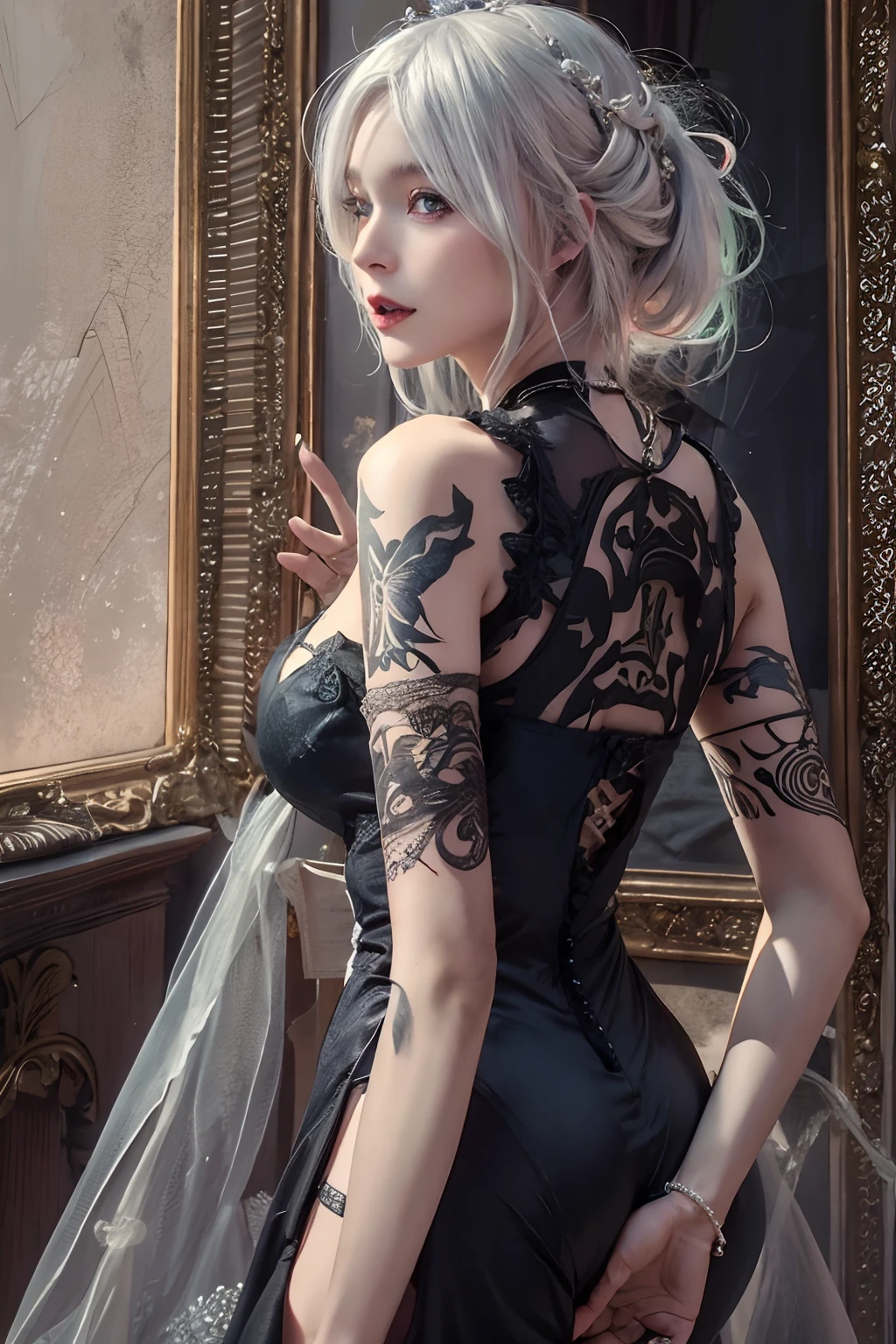 Photorealistic, High resolution, 1womanl, Solo, hips up high, look at viewr, White hair, Long hair, large full breasts,Dress, (2b Black:1), Black Dress,wedding dress, Jewelry, The tattoo