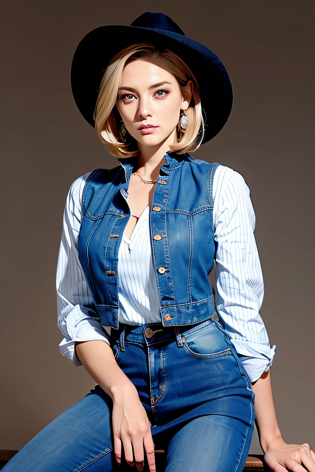 (cowboyshot: 1.2), (android_18, and18(dragonball z), (finely detailed beautiful eyes and detailed face), (Turn your face through your thighs: 1.4), (Knee shot: 1.2), Blonde hair, Solo, Lady, (Beautiful background), :), Dynamic Angle, Blue eyes, Bright face, Sunlight, (Bright face: 1.2), Extremely wide hips, Very thick thighs, Full body shot, Solo, Blonde hair,  Blue eyes, Short hair, earrings, Jewelry, Denim Vest, open vest, (Black shirt), Denim skirt, (long striped sleeves), Blue skirt, Brown Cowboy Boots