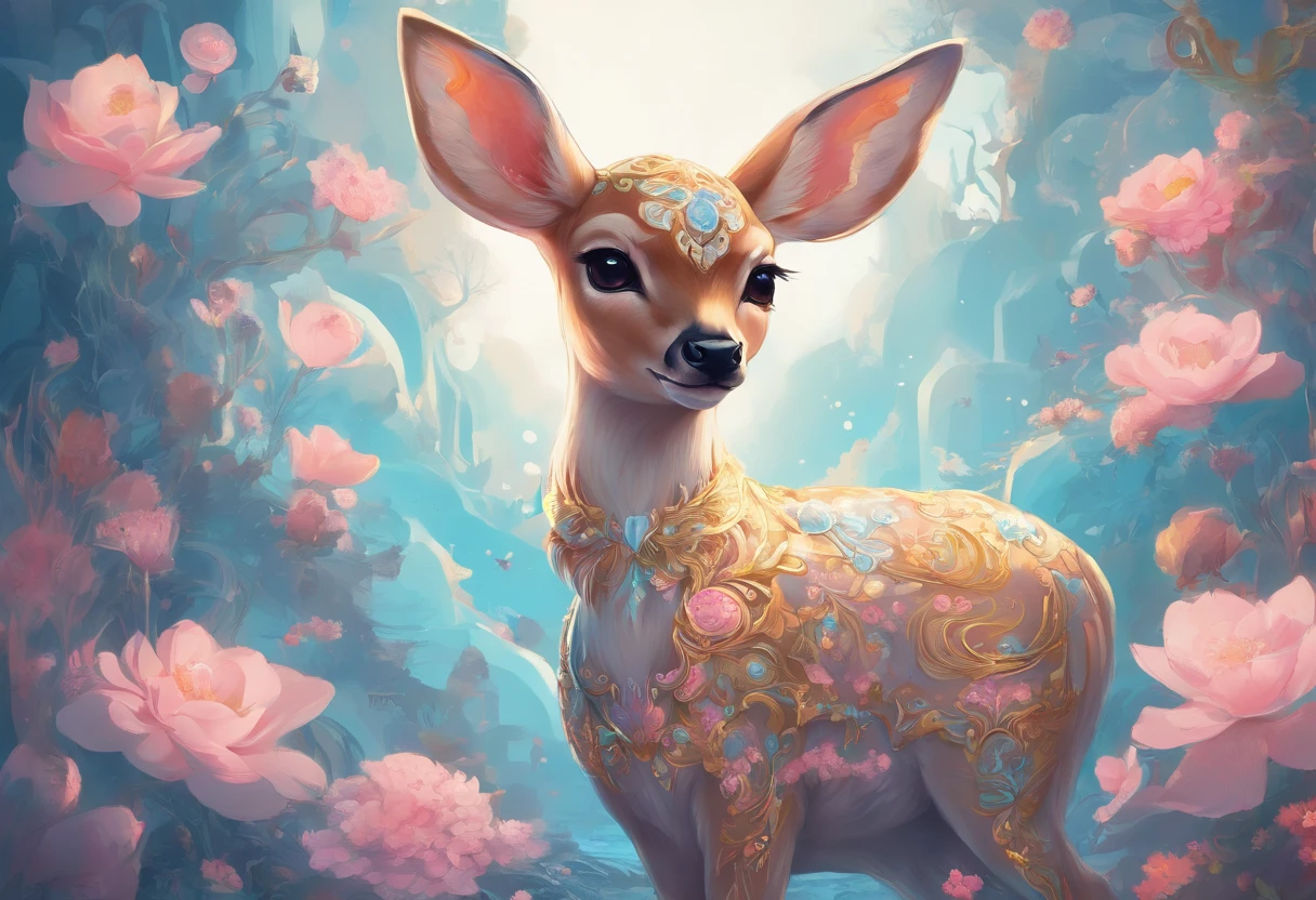 Masterpiece, best quality, 8k, high detail, hyper-detail, a cute fawn, light blue with holographic ornate designs, light pink and gold tetradic colors, approaching perfection