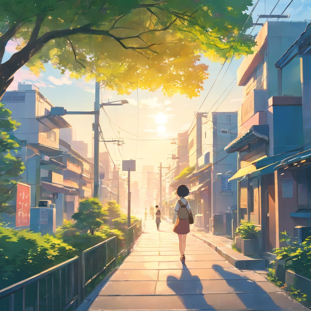 octans、天空、stele(天空)、landscapes、morning、、独奏、plein air、Signature、建筑、云、suns、sitting on、The tree、length hair、street、silhuette、A city scape