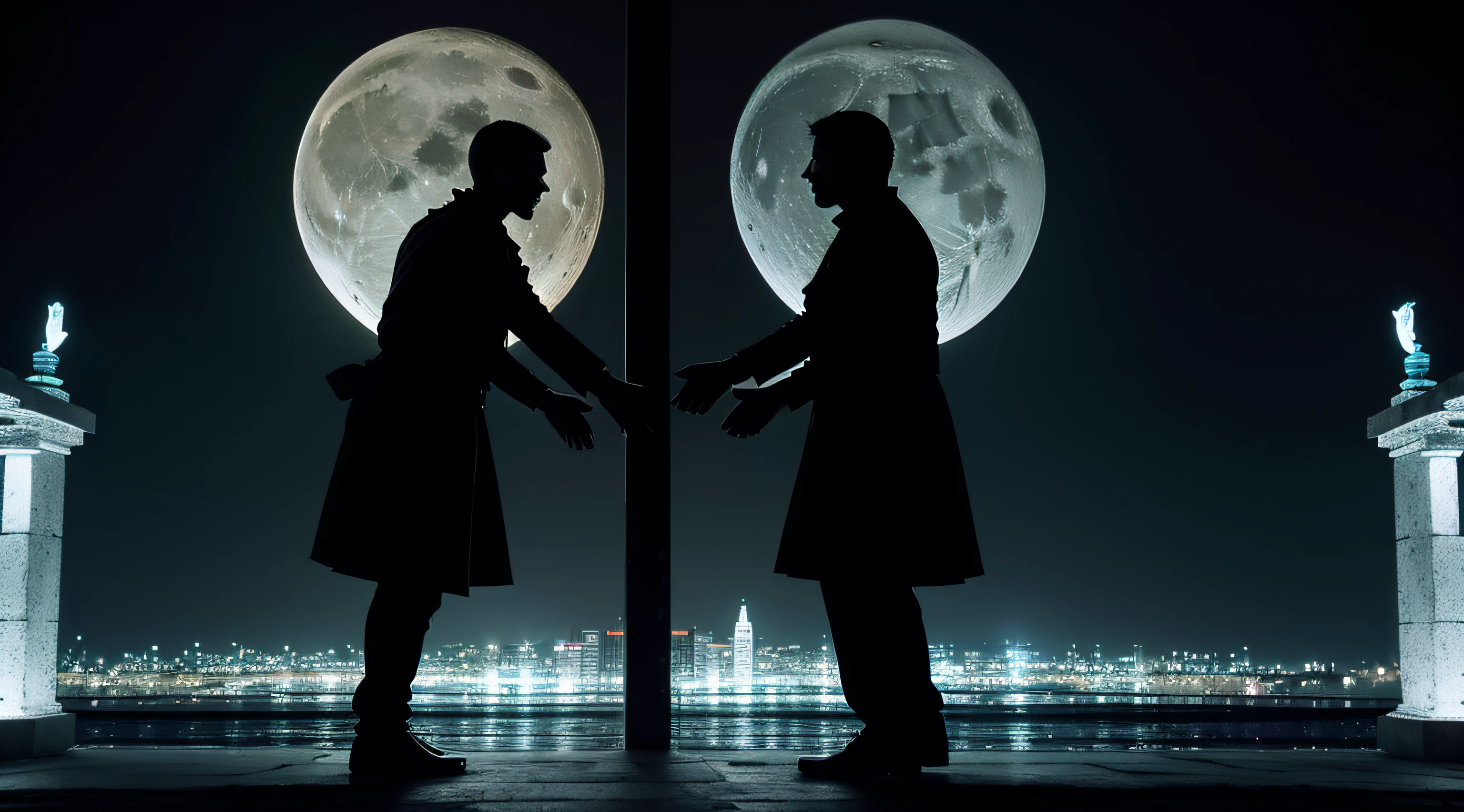 Two men greeting each other with a handshake, twin brothers, rua noturna, moon illumination, arte intrincada, Create an artistic image by combining two or more overlapping images, Creating a fusion of visual elements