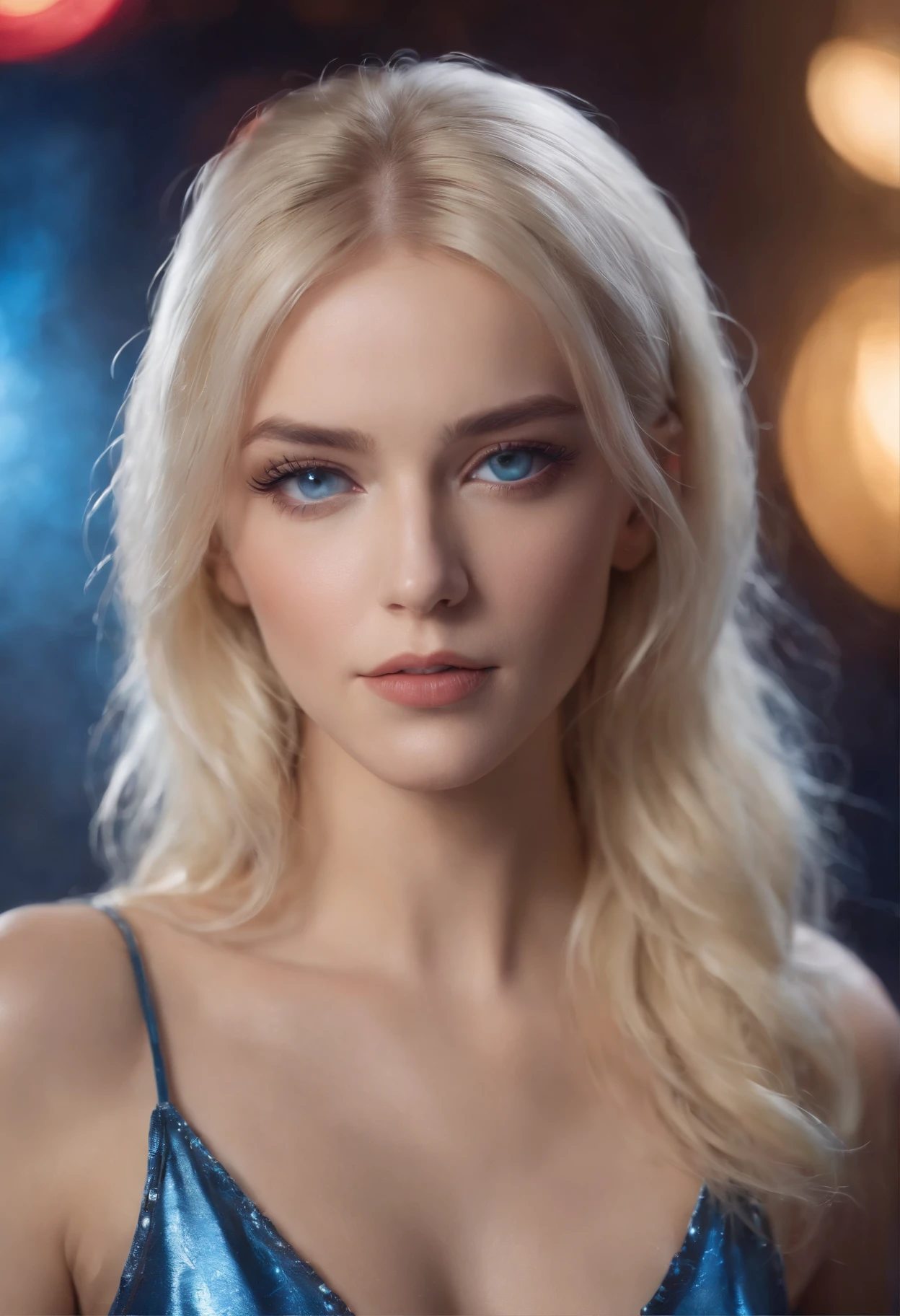 frau, Realistischer Charakter，frisiertes blondes Haar, blaue Augen, Anime big, allein, modern, Cyberpunk, in der disco