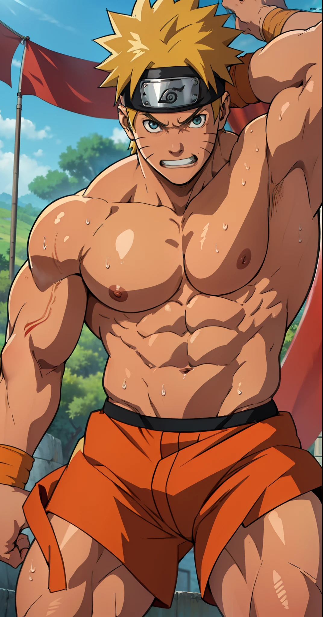 (Full body) (photo subject: Close-up of muscular thigh muscles ) (photo angle from bottom up)(Drawings of Naruto anime) (photo angle from the ground upwards) [Anime photo][highest quality photo][4k,HD photo quality ] wear tight and short loincloths   (muscular thigh muscles, firm thigh muscles, muscular thigh muscles, sinewy thigh muscles, giant thigh muscles, strong leg muscles, muscular hamstring leg muscles) ,Uzumaki Naruto fun, happy,bodybuilder,bodybuilding, standing, red skin, pink skin, tanned skin,reddish brown skin, lots of sweat flowing down, topless, shirtless, hot sunny, (do not wear banners,do not wear headbands)