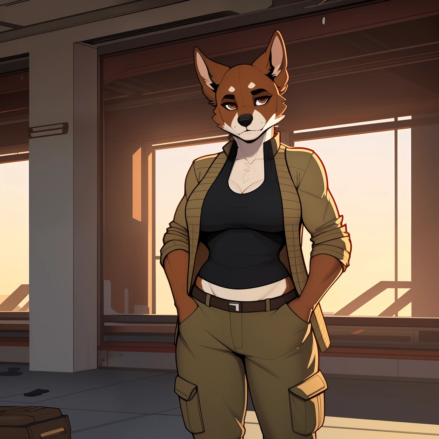 Mature_red_heeler 40_yo female khaki_furry_body brown_eyes cardigan cargo_pants solo Masterpiece best_quality absurdres highly_detailed cleanly_drawn_eyes anthro_only by_claweddrip, by_greasymojo, by_underscore-b, by_runawaystride