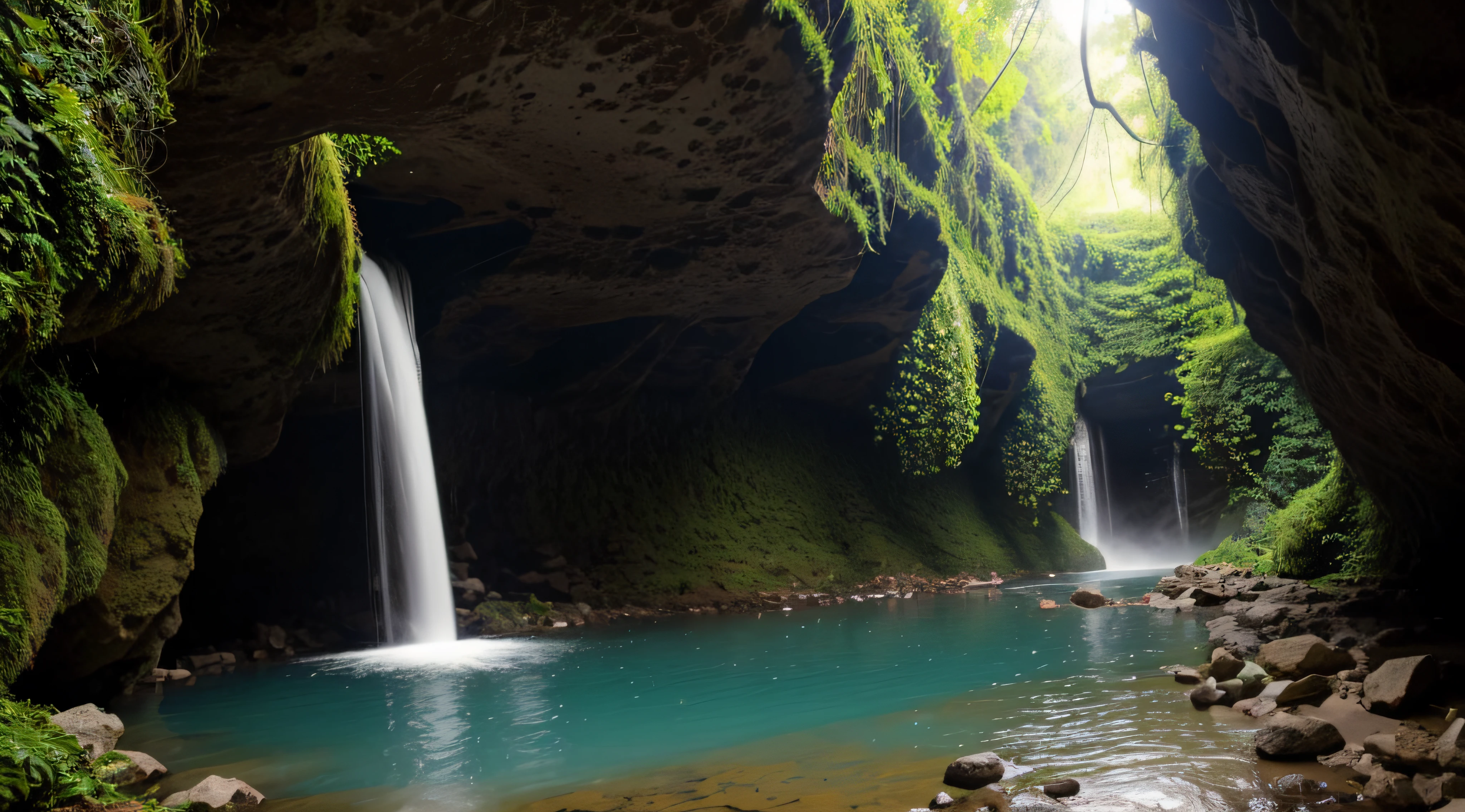 cachoeira dentro de uma caverna em uma floresta tropical