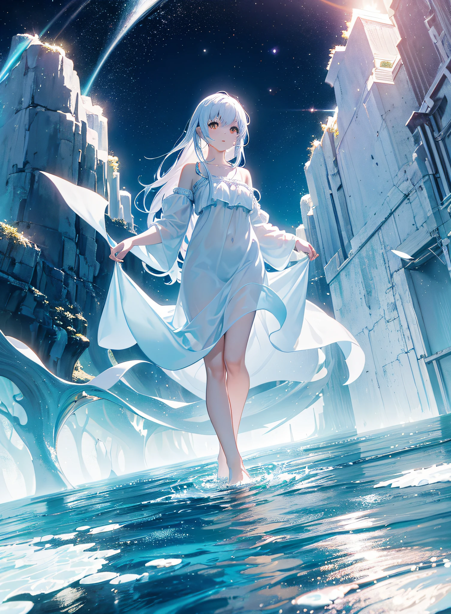 A girl surrounded by running waters around her, moving waters, white eyes, light smile, dancing in the water, light clothes, barefoot, bluish and pinkish hair, perfect body, full body, (ultra-realistic), {extremely detailed CG unity 8k wallpaper}, Expansive landscape photography, (a view from below showing the universe, expansive open field view), (low-angle shot), (light: 1.5), (warm light source: 1.5), complex details, (Iridescent colors: 1.0), (bright lighting), (atmospheric lighting), dreamy, magical, (solo: 1.5)