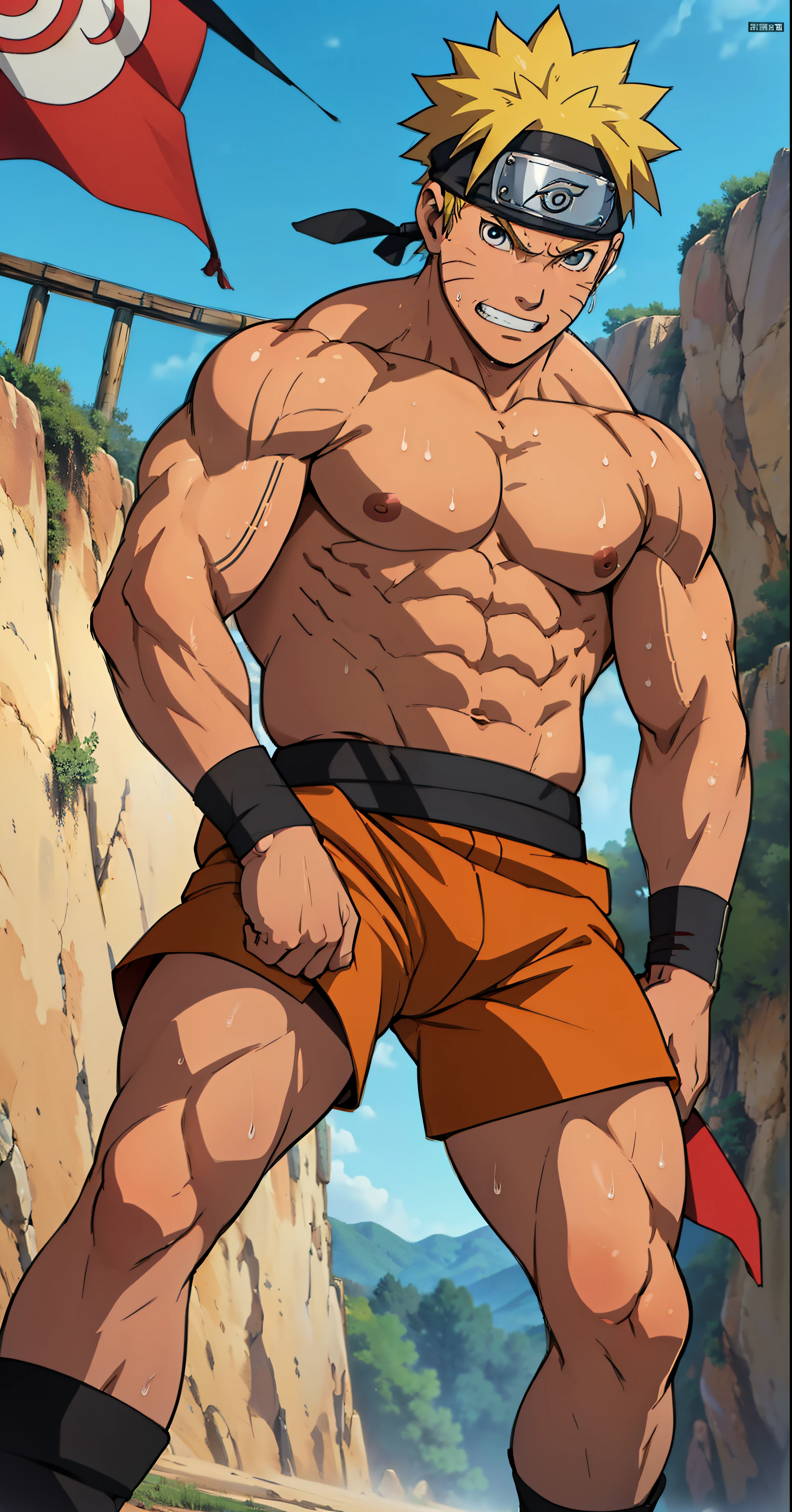 (Full body) (photo subject: Close-up of muscular thigh muscles ) (photo angle from bottom up)(Drawings of Naruto anime) (photo angle from the ground upwards) [Anime photo][highest quality photo][4k,HD photo quality ] wear tight and short loincloths   (muscular thigh muscles, firm thigh muscles, muscular thigh muscles, sinewy thigh muscles, giant thigh muscles, strong leg muscles, muscular hamstring leg muscles) ,Uzumaki Naruto fun, happy,bodybuilder,bodybuilding, standing, red skin, pink skin, tanned skin,reddish brown skin, lots of sweat flowing down, topless, shirtless, hot sunny, (do not wear banners,do not wear headbands)