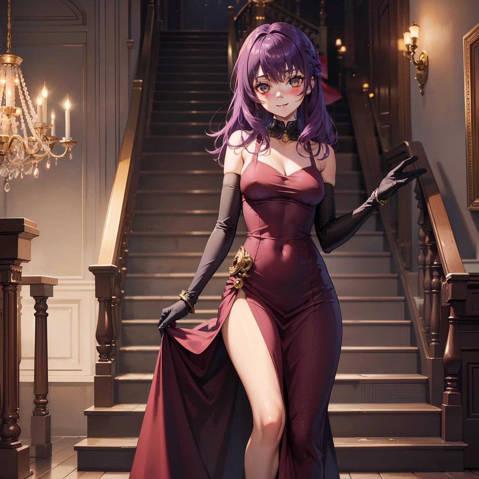 (Masterpiece), Best Quality, expressive eyes, a perfect face, 1girl, solo, purple hair, brown eyes, small Breast, Smile, blush, long dress, loose dress, wide dress at the bottom, red dress, ballroom dress, ballroom, red long gloves, comes down the stairs, holds the dress, looks at the viewer, indoors, dark lighting, chandelier light