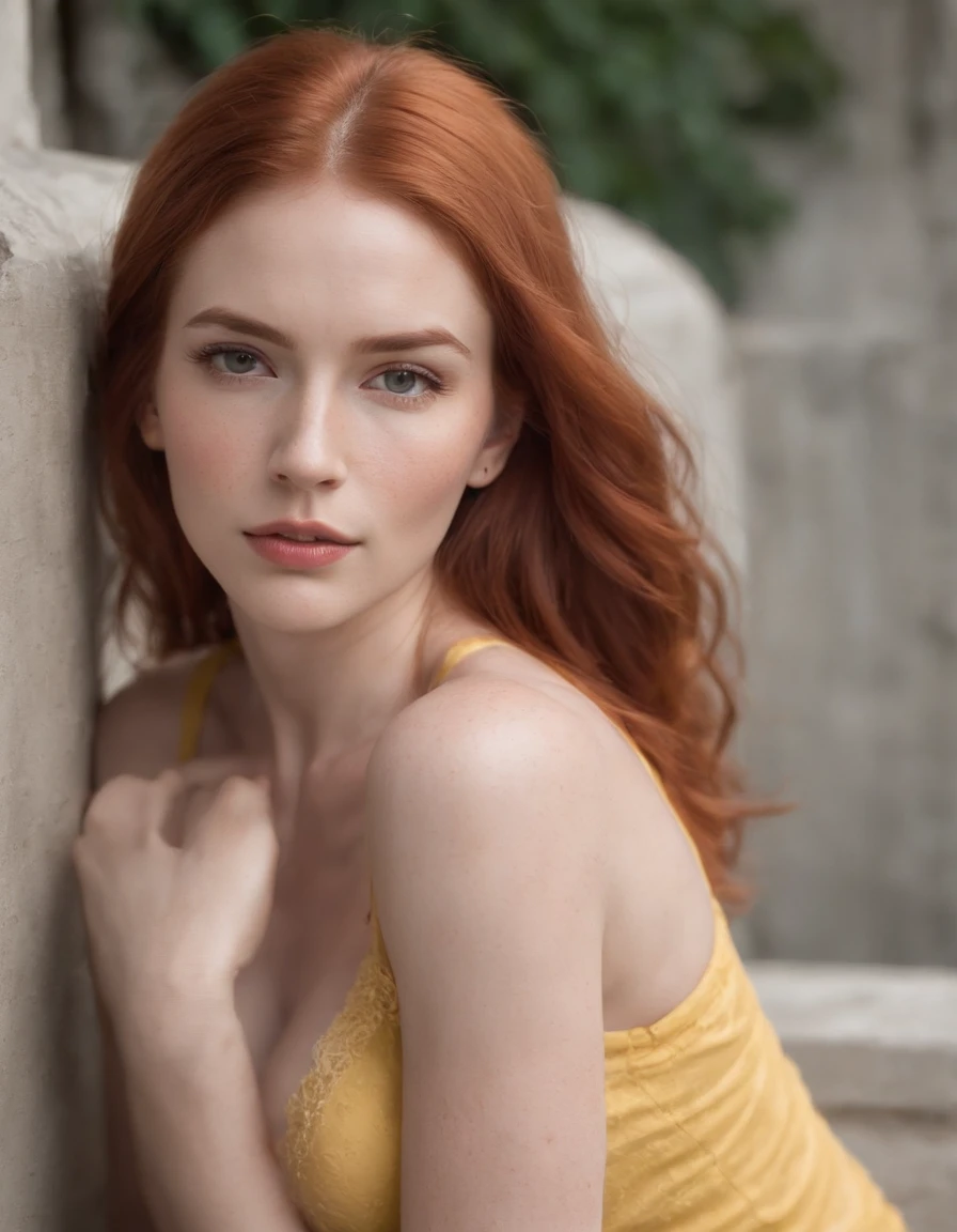 Red-haired woman sitting on concrete bench, hand in hair. Wearing yellow bra and pants. Low exposure, low lighting, unprofessional natural lighting, realistic lighting, hyper-realistic skin all over her, shot on iPhone, rough skin, rough visible details, extreme texture and sharpness on her entire skin, visible impurities, slight freckles, detailed skin texture, detailed skin pores, impurities on the face, details eyes, eyebrow details showing each individual hair,