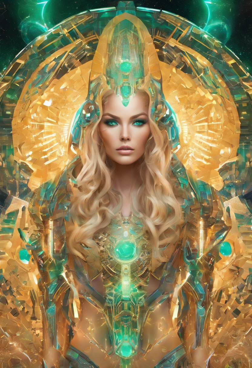 (RAW Photo, best quality), (Hyper Realistic),16k,(realistic, photo-realistic:1.5), Masterpiece,ultra high res, Stunning, Beautiful Milf Latin Brazilian Woman Goddess of Multiverse, Impossing Pose, Athletic Body, Suntan Skin, Wearing Egyptian Jewels Futuristic Cut Armor and Cloak with Intricate Isometric Fluid Galaxy Bioluminescence Effects, symmetrical, with Galaxies orbiting her body, perfect detailed face, detailed symmetric circular Green iris pupils, ((Gorgeous Long Blonde Fluid Hair)), high detailed Skin, Realistic, intricately detailed, cinematic, Isometric, awesome full color, gritty, mucha, klimt, 16k, hight definition, cinematic, neoprene, behance contest winner, portrait featured on unsplash, smooth, ultra high definition, ultra sharp focus, intricate artwork masterpiece, ominous, epic, TanvirTamim, trending on artstation, highly detailed, vibrant