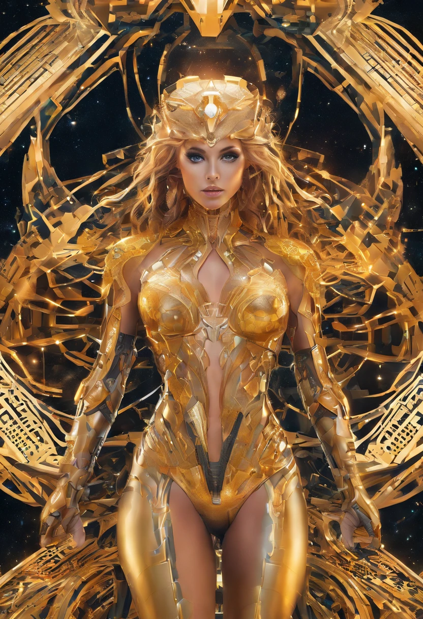 (RAW Photo, best quality), (Hyper Realistic),16k,(realistic, photo-realistic:1.5), Masterpiece,ultra high res, Stunning, Beautiful Milf Latin Brazilian Woman Goddess of Multiverse, Impossing Pose, Athletic Body, Suntan Skin, Wearing Egyptian Jewels Futuristic Cut Armor and Cloak with Intricate Isometric Fluid Galaxy Bioluminescence Effects, symmetrical, with Galaxies orbiting her body, perfect detailed face, detailed symmetric circular Green iris pupils, ((Gorgeous Long Blonde Fluid Hair)), high detailed Skin, Realistic, intricately detailed, cinematic, Isometric, awesome full color, gritty, mucha, klimt, 16k, hight definition, cinematic, neoprene, behance contest winner, portrait featured on unsplash, smooth, ultra high definition, ultra sharp focus, intricate artwork masterpiece, ominous, epic, TanvirTamim, trending on artstation, highly detailed, vibrant