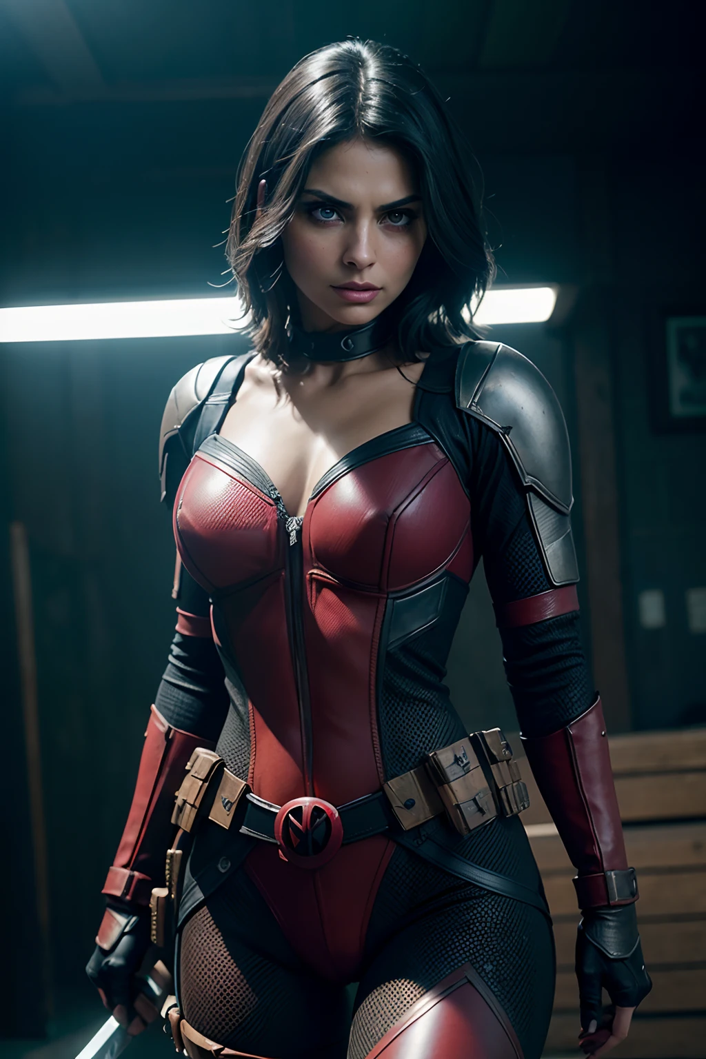 Morena Baccarin as Deadpool, in sexy Deadpool armor, armed with Katana blades, (dynamic pose), (hyper realistic:1.4), (realistic:1.3), (best quality real texture skin), full body, (Cinematic Light), highly detailed skin, skin pores, (highly detailed face:1.1), (highly detailed eyes:1.1), realistic pupils, (perfect anatomy:1.1), (perfect proportions:1.1), (photography:1.1), (photorealistic:1.1), volumetric lighting, dynamic lighting, real shadows, (highres:1.1), sharp focus, daylight, (realistic, hyperrealistic:1.4), intricate, high detail, dramatic, subsurface scattering, big depth of field, vivid, polished, sharpened, ((full Sharp)), (extremely absurdres),8k hdr