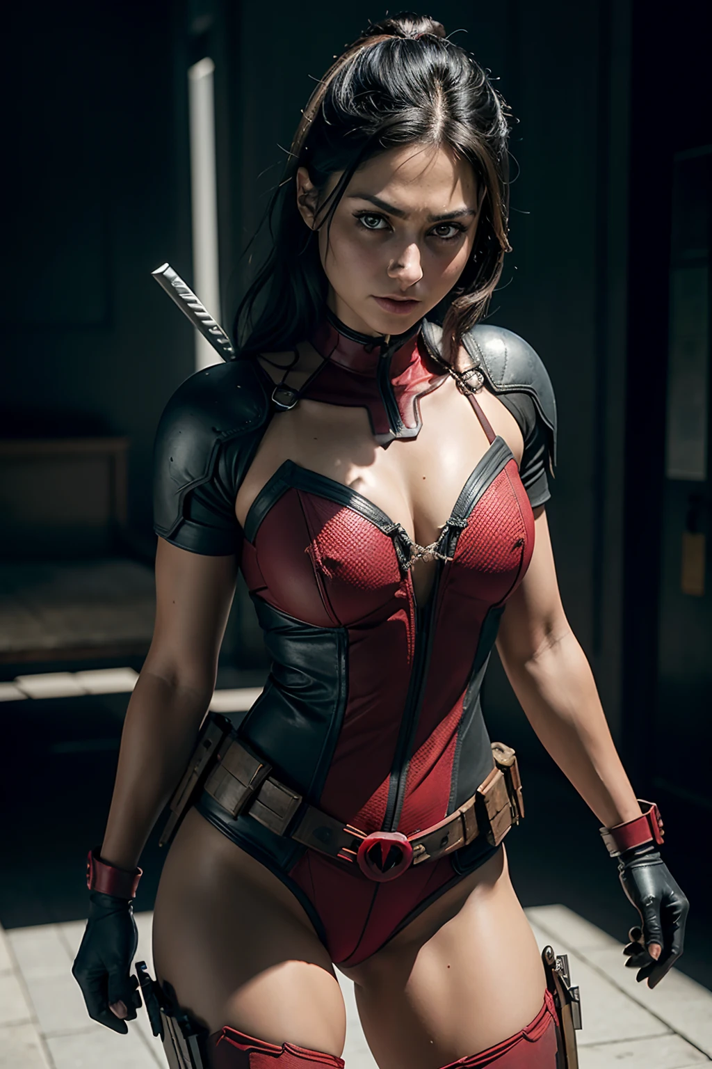 Morena Baccarin as Deadpool, in sexy Deadpool armor, armed with Katana blades, (dynamic pose), (hyper realistic:1.4), (realistic:1.3), (best quality real texture skin), full body, (Cinematic Light), highly detailed skin, skin pores, (highly detailed face:1.1), (highly detailed eyes:1.1), realistic pupils, (perfect anatomy:1.1), (perfect proportions:1.1), (photography:1.1), (photorealistic:1.1), volumetric lighting, dynamic lighting, real shadows, (highres:1.1), sharp focus, daylight, (realistic, hyperrealistic:1.4), intricate, high detail, dramatic, subsurface scattering, big depth of field, vivid, polished, sharpened, ((full Sharp)), (extremely absurdres),8k hdr
