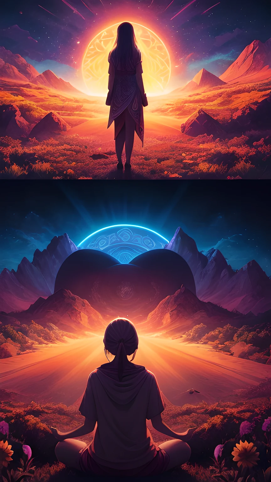 woman over 22 years of age looking at her higher self, meditating, completely relaxed and surrendering, cinematic, 4k ultra, beautiful face, ((full body)), detailed, perfect fingers, beautiful Asian woman from backside angle: 1.3, beautiful face with good sharpness, saturated colors, psychedelic image, LSD, mandala, fractal, 3D depth, dan mumford and alex grey style, sunset psychedelic, kilian eng vibrant colors, psychedelic landscape, kilian eng vibrant colors, dan mumford and albert bierstadt, official artwork, in the style dan mumford artwork, dan mumford paint, jen bartel, psychedelic art style, mythical floral hills, hearing tibetan singing bawl sound, hearing her own beautiful voice,