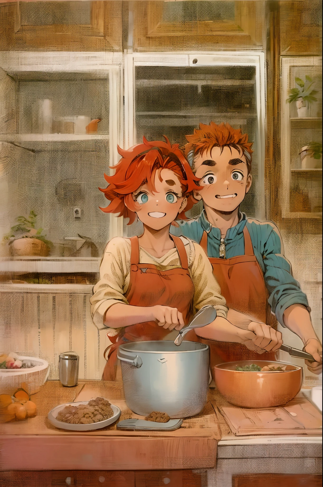 suletta, guts, couple, husband and wife, suletta motherly, house wife, cooking, mother and son, children , family, happy, red hair