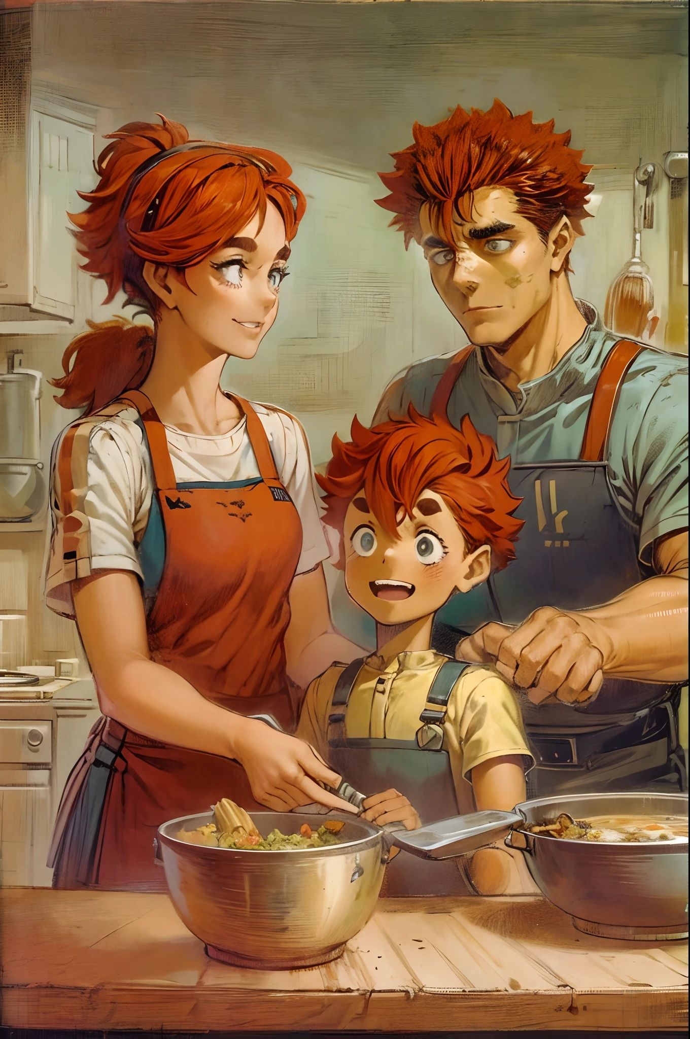 suletta, guts, couple, husband and wife, suletta motherly, house wife, cooking, mother and son, children , family, happy, red hair