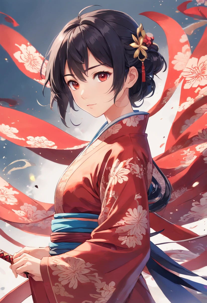 1 girl, woman, handsome, ink, Chinese armor, ((2.5D)), black hair, floating hair, delicate eyes, black and red antique damask Hanfu, fov, (f1.8), (masterpiece), (portrait shot), front shot, white background, (movie poster)