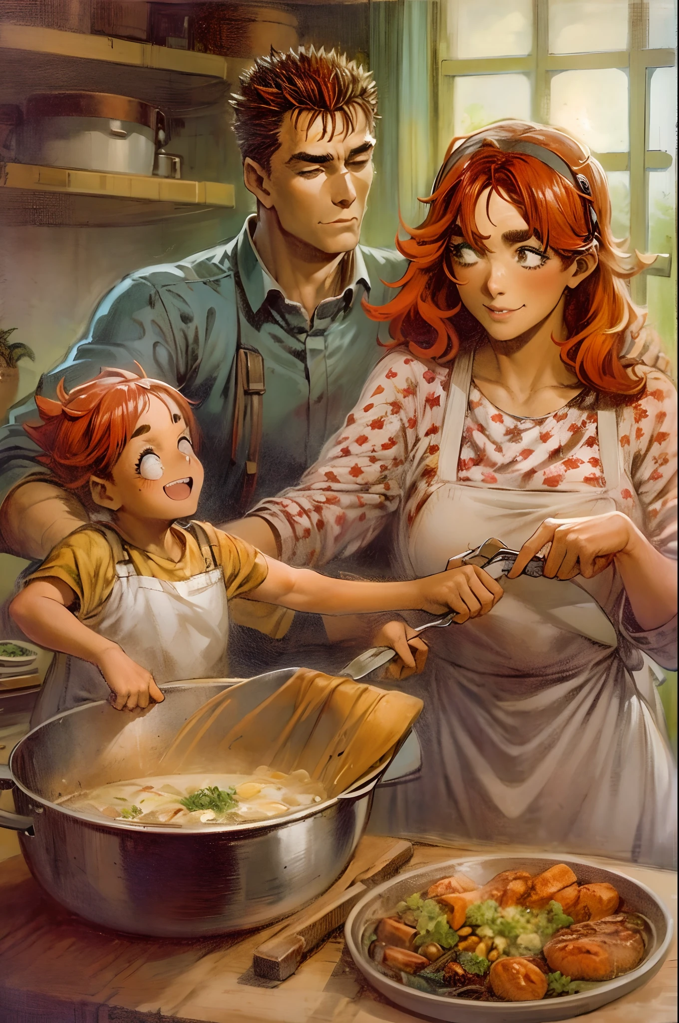 suletta, guts, couple, husband and wife, suletta motherly, house wife, cooking, mother and son, children , family, happy, red hair