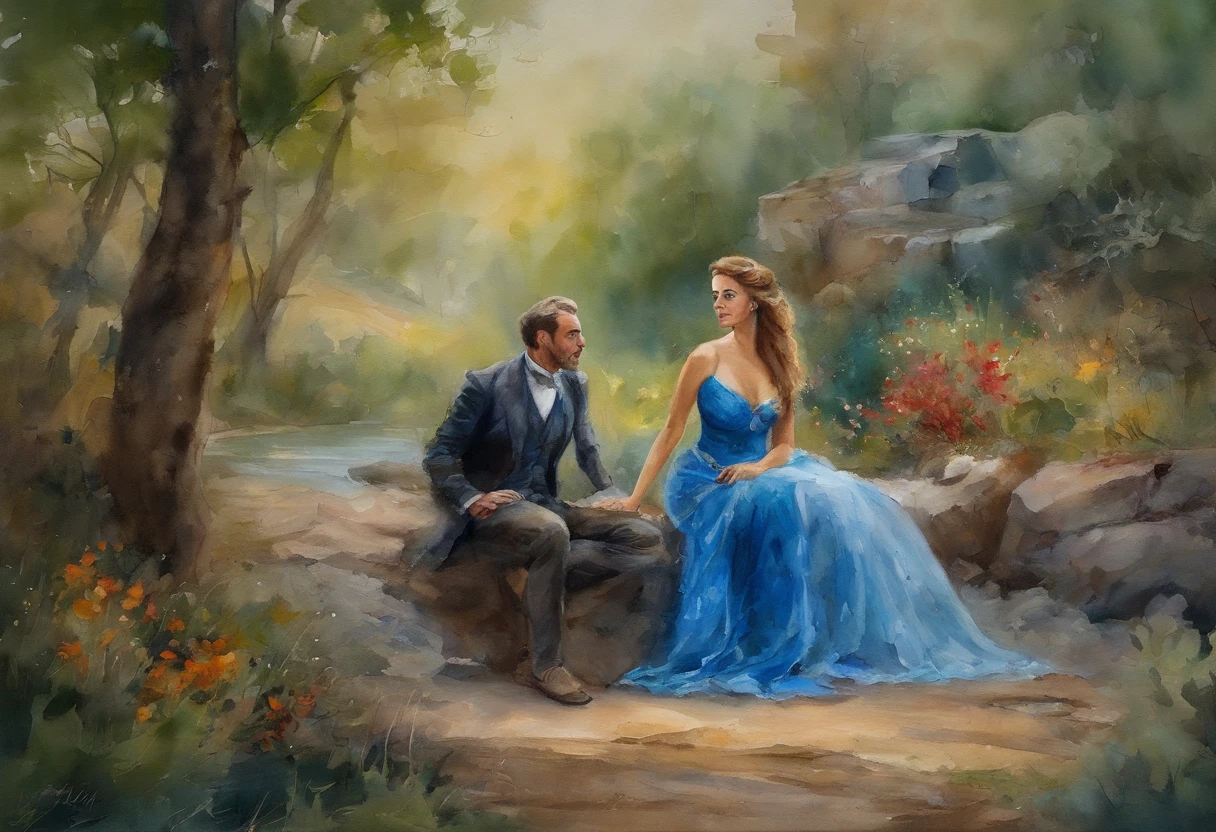 mulher madura se afastando de um homem, olhando para baixo com tristeza, The woman is wearing a beautiful blue dress,The man is right next to her, constrangido, The landscape is ultra detailed, tudo bem detalhado e lindo, ultra qualidade. Realismo 8K