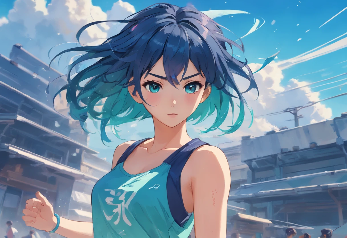 half body portrait of a beautiful woman in a croptop and cargo pants with ombre navy blue teal hairstyle with head in motion and hair flying, paint splashes, splatter, outrun, vaporware, shaded flat illustration, digital art, trending on artstation, highly detailed, fine detail, intricate