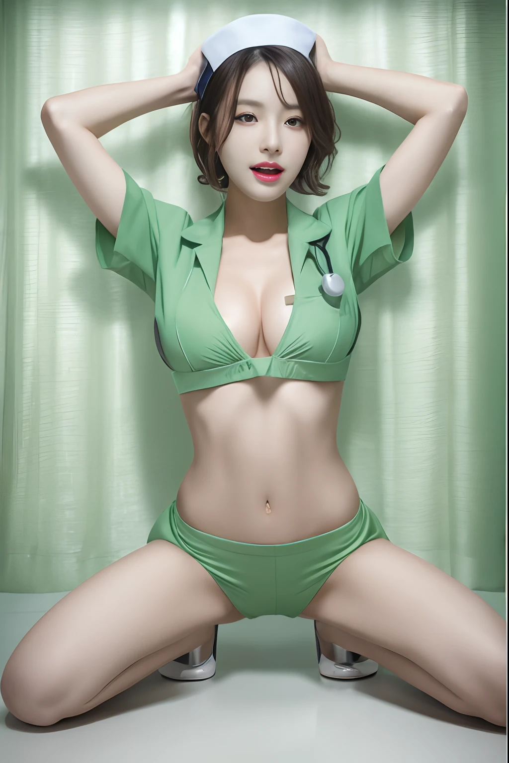 Alafed woman in green uniform posing for photo, Photorealistic perfect body, Korean Girl, Korean Woman, sakimichan hdri, photorealistic anime girl render, smooth 3d cg render, rendered in povray, Japanese Models, beautiful Korean women, model with attractive body, an alien robot naughty nurse, Sexy Pose, gorgeous chinese model