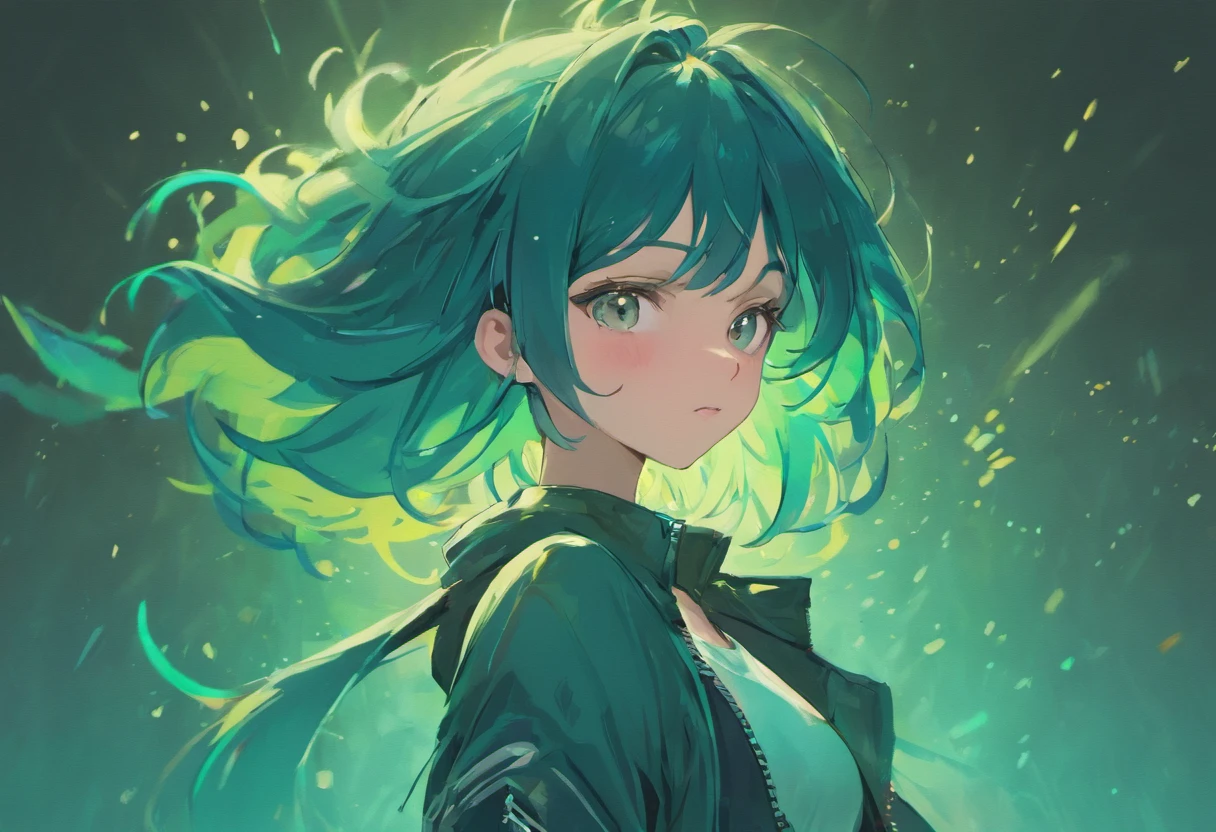 half body portrait of a beautiful woman in a croptop and cargo pants with ombre navy blue teal hairstyle with head in motion and hair flying, paint splashes, splatter, outrun, vaporware, shaded flat illustration, digital art, trending on artstation, highly detailed, fine detail, intricate
