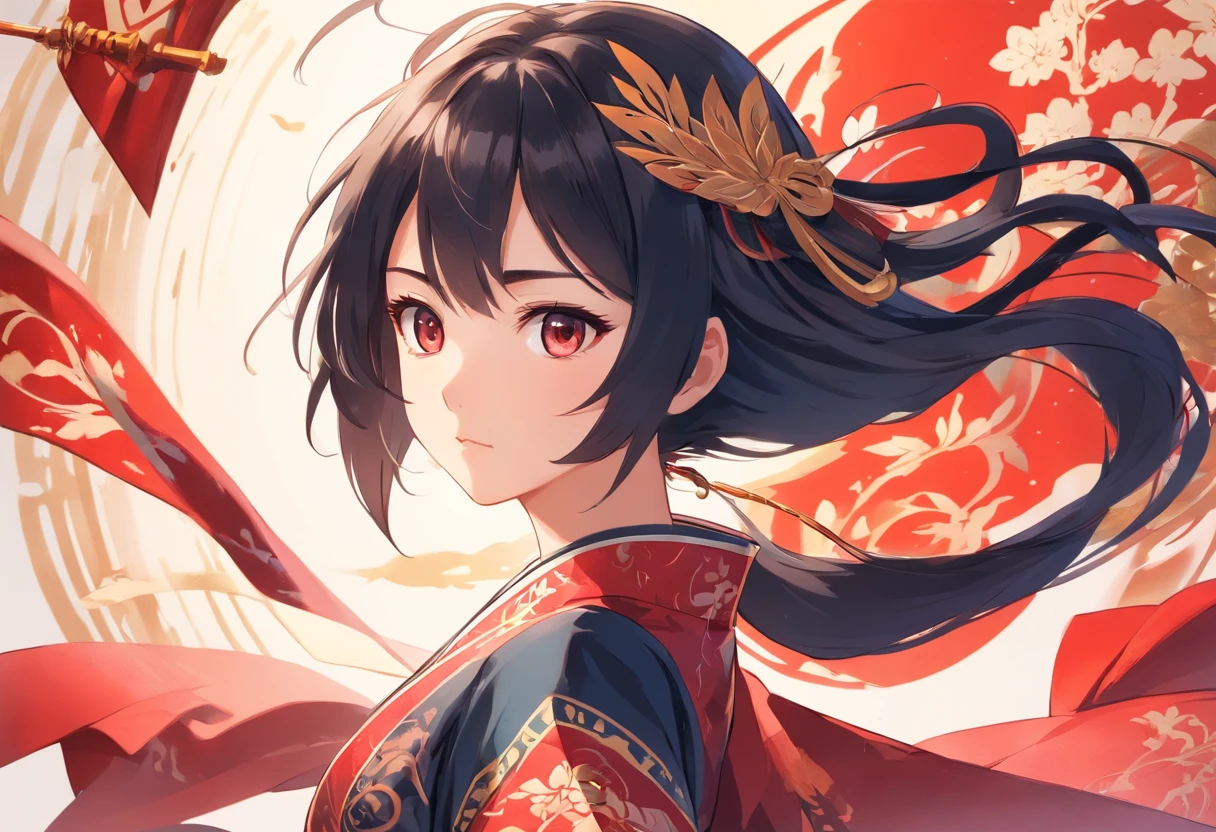 1 girl, woman, handsome, ink, Chinese armor, ((2.5D)), black hair, floating hair, delicate eyes, black and red antique damask Hanfu, fov, (f1.8), (masterpiece), (portrait shot), front shot, white background, (movie poster)