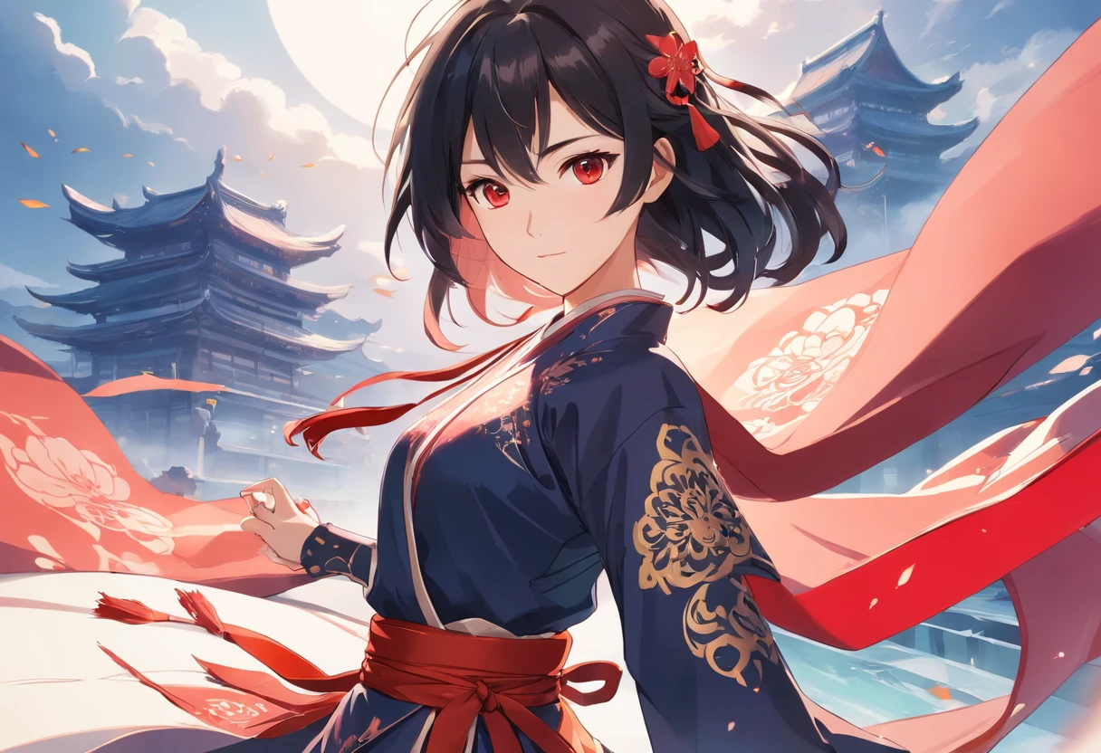 1 girl, woman, handsome, ink, Chinese armor, ((2.5D)), black hair, floating hair, delicate eyes, black and red antique damask Hanfu, fov, (f1.8), (masterpiece), (portrait shot), front shot, white background, (movie poster)
